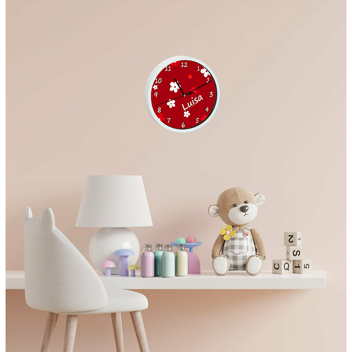 Kinder Wanduhr laufruhig personalisiert mit Name Blumen Rot