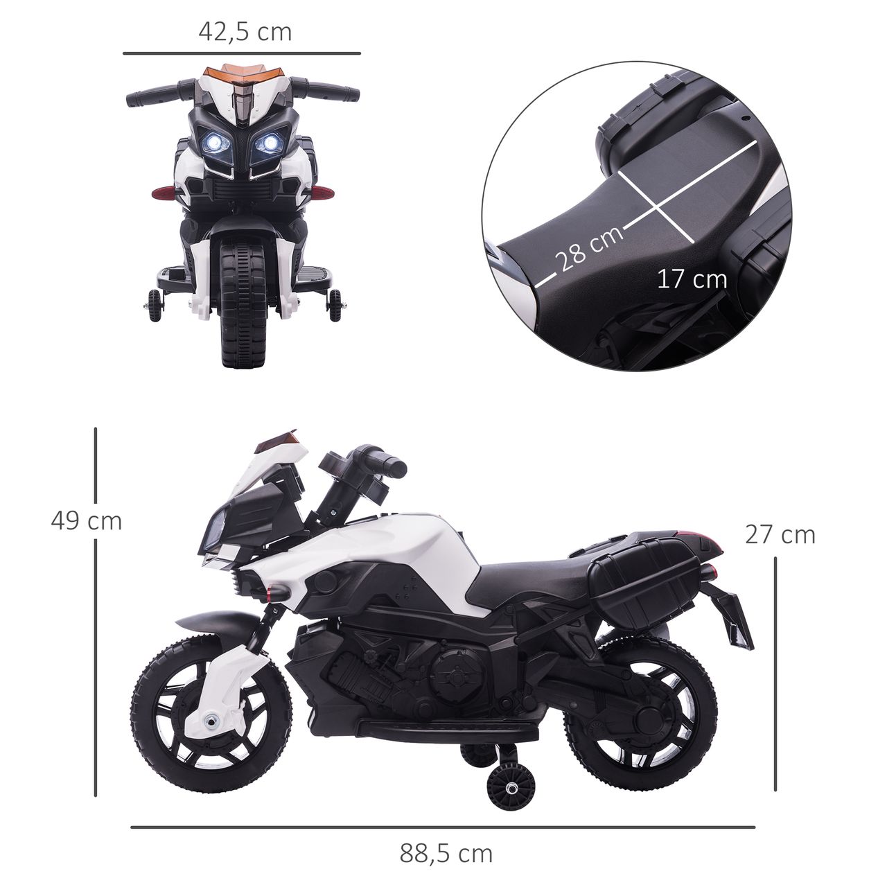 HOMCOM Elektromotorrad Kinderelektroauto Elektro-Kindermotorrad Kinderfahrzeug 6V LED-Licht simuliertes Motorgeräusch Metall PP Schwarz Weiß 88,5x 42,5x49 cm