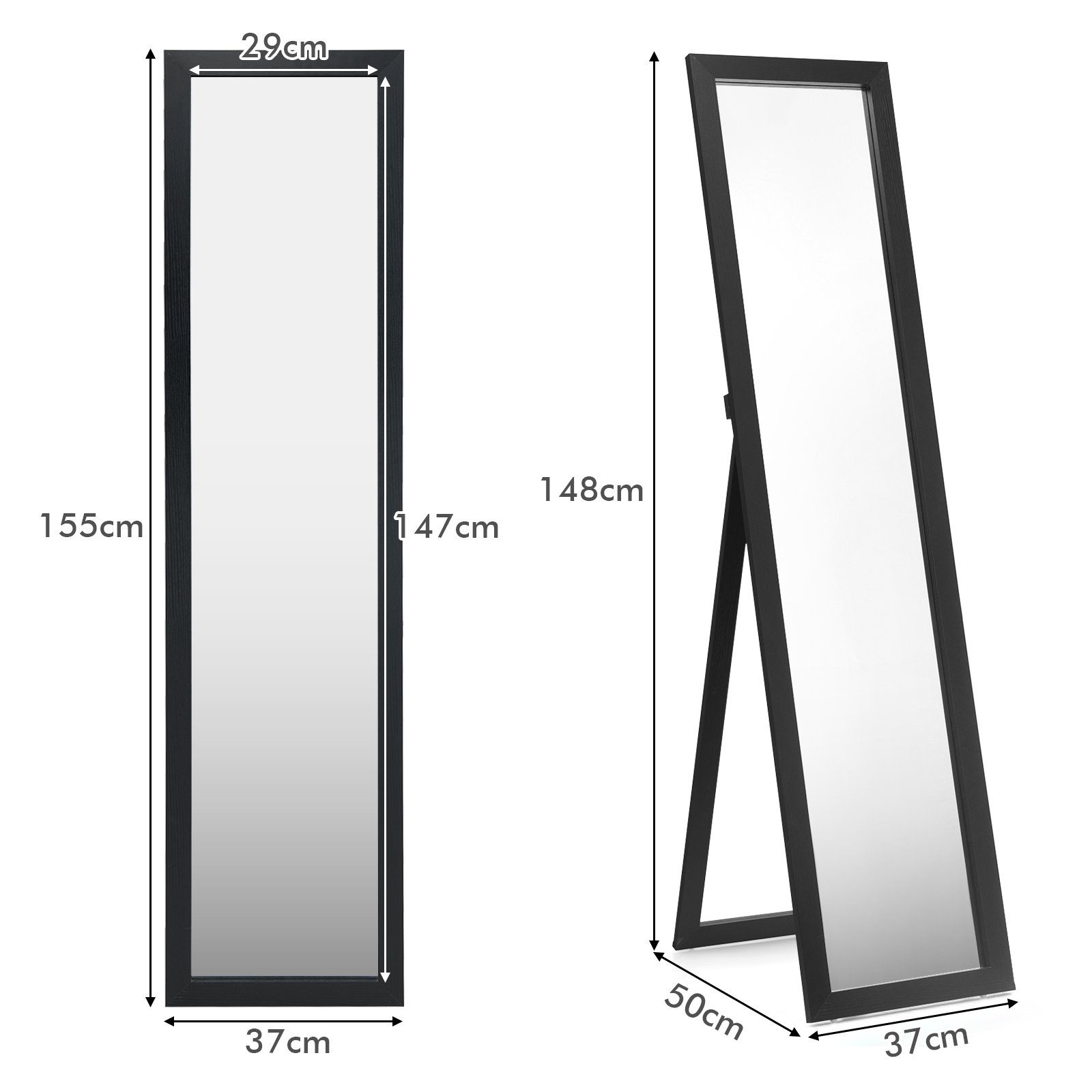 COSTWAY Ganzkörperspiegel, mit klappbarem Holzrahmen, stehend/hängend 37x155cm