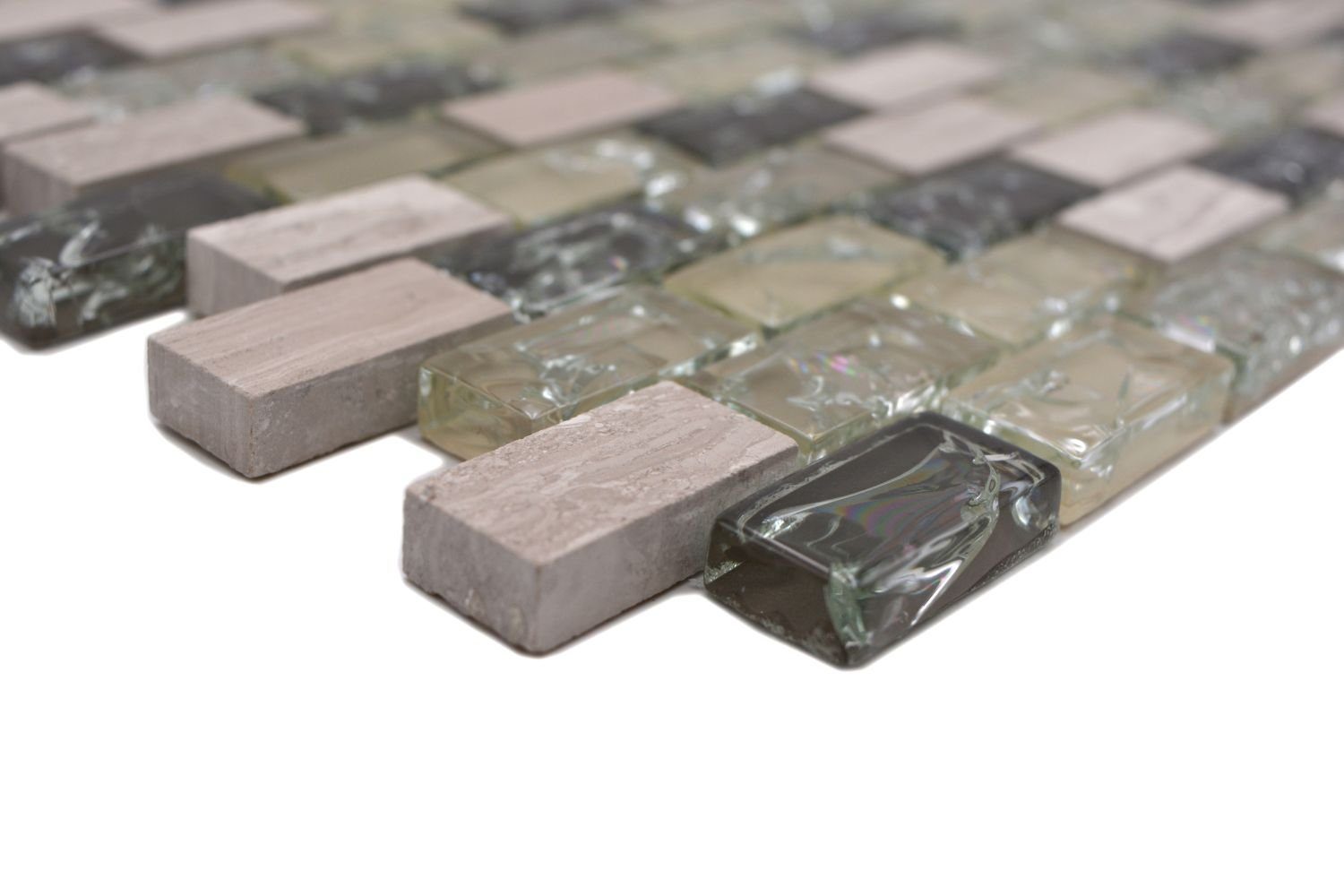 Mosani Mosaikfliesen Glasmosaik Naturstein Mosaik graugrün glänzend / 10 Matten