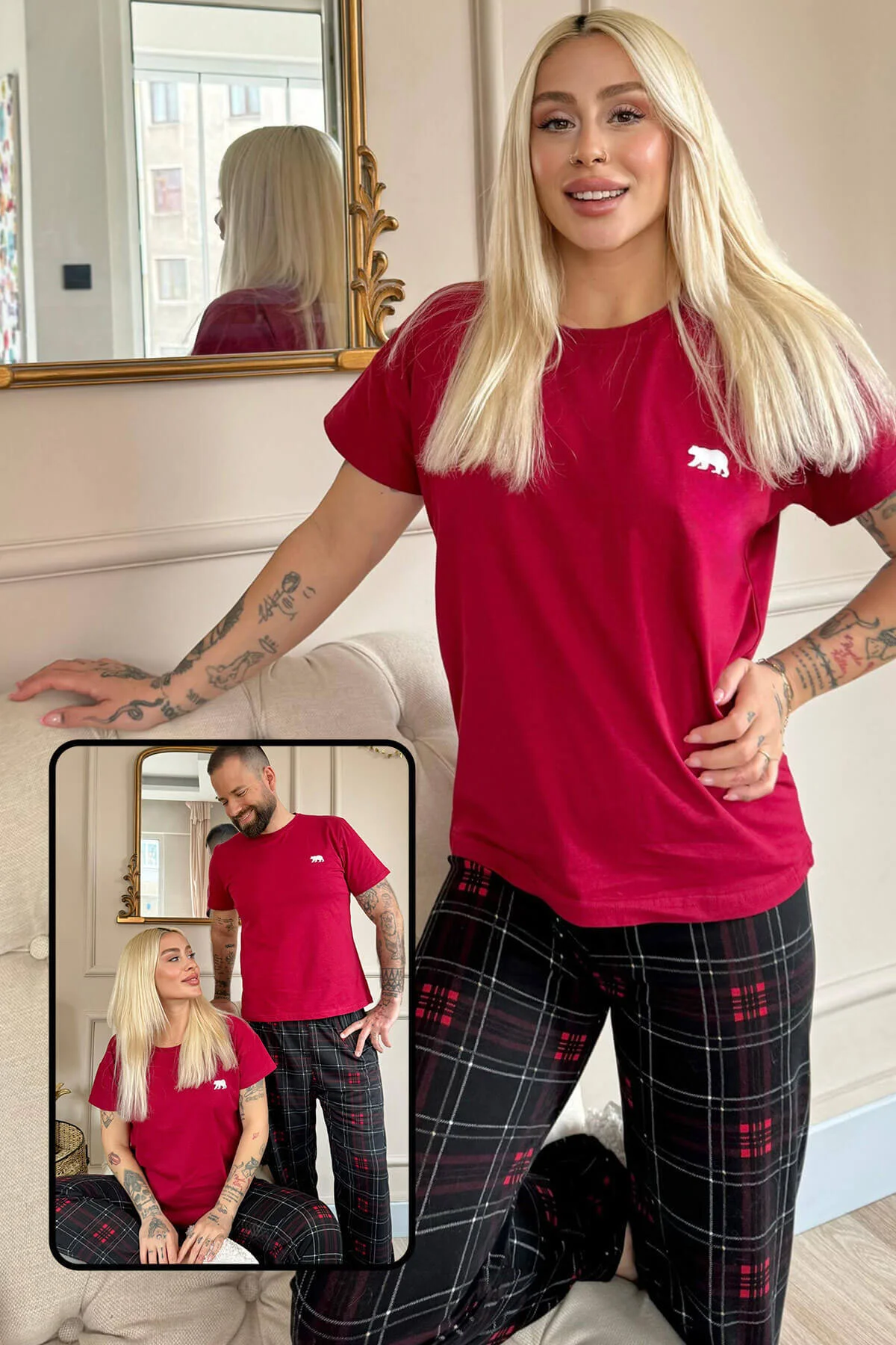 Pijamaevi  Kurzarm-Pyjama „Dear Family“ mit bordeauxrotem Bärenmotiv – Damen-Set