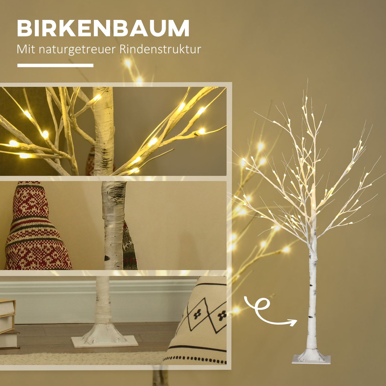 HOMCOM 120 cm Kunstbirke mit LED-Beleuchtung für Weihnachten Ostern Warmweiß