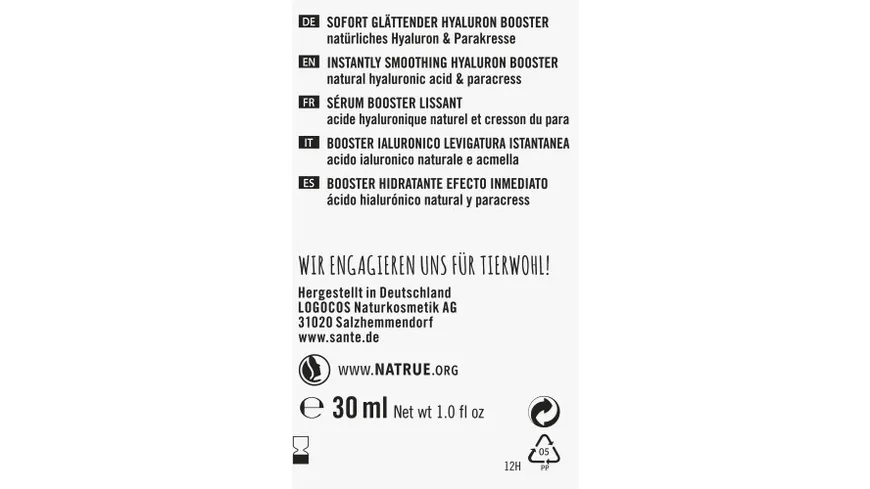 SANTE Sofort Glättender Hyaluron Booster Natürliches Hyaluron & Parakresse 30 ml