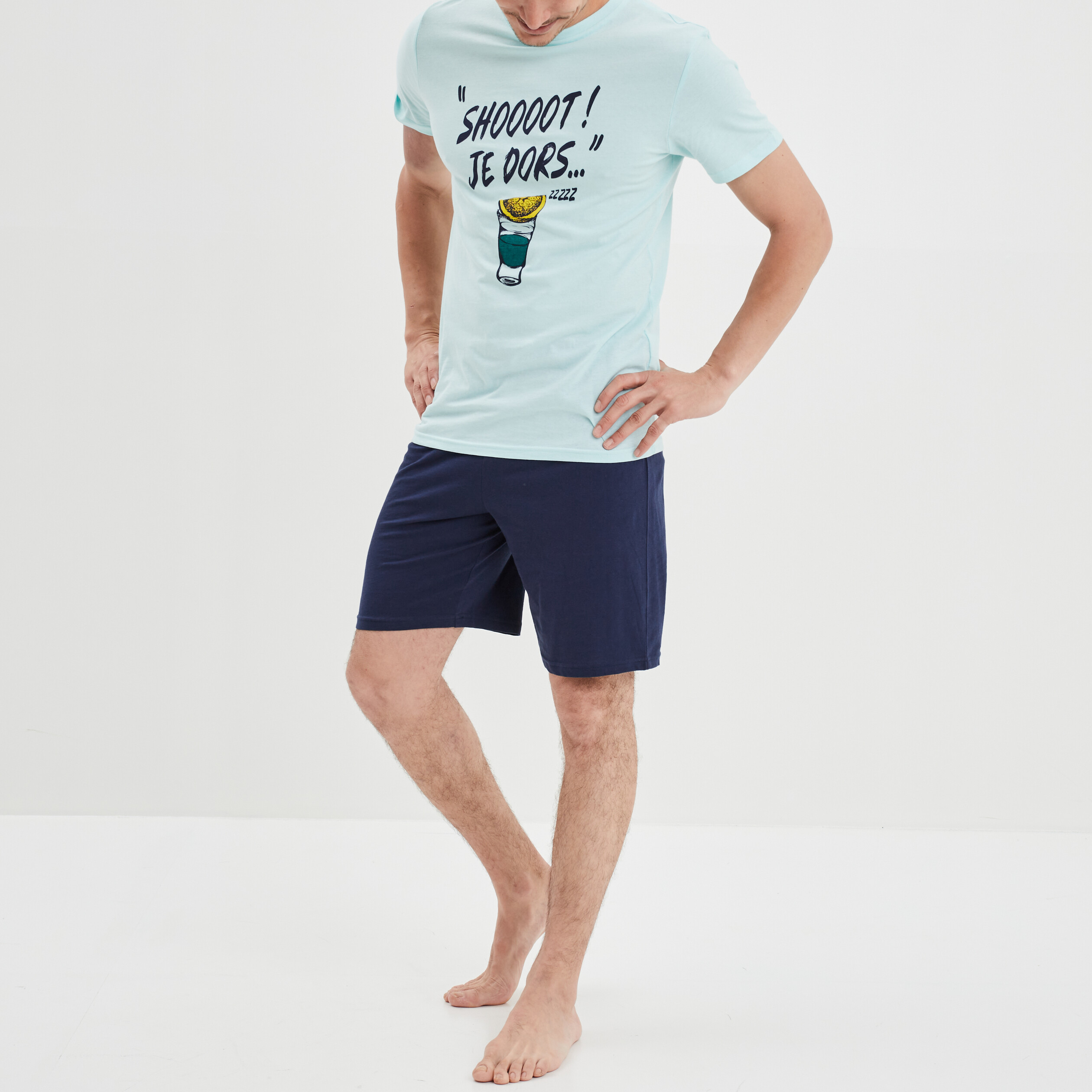 Ensemble pyjama short 2 pièces coton bleu turquoise homme | La Halle