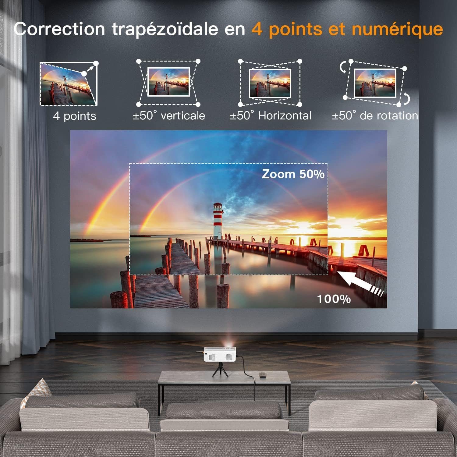VOPLLS Portabler Projektor (15000 lm, 1920 x 1080 px, Full HD Native 1080P Beamer Outdoor, ±50° Zoom& 6D/4P, Projektor)