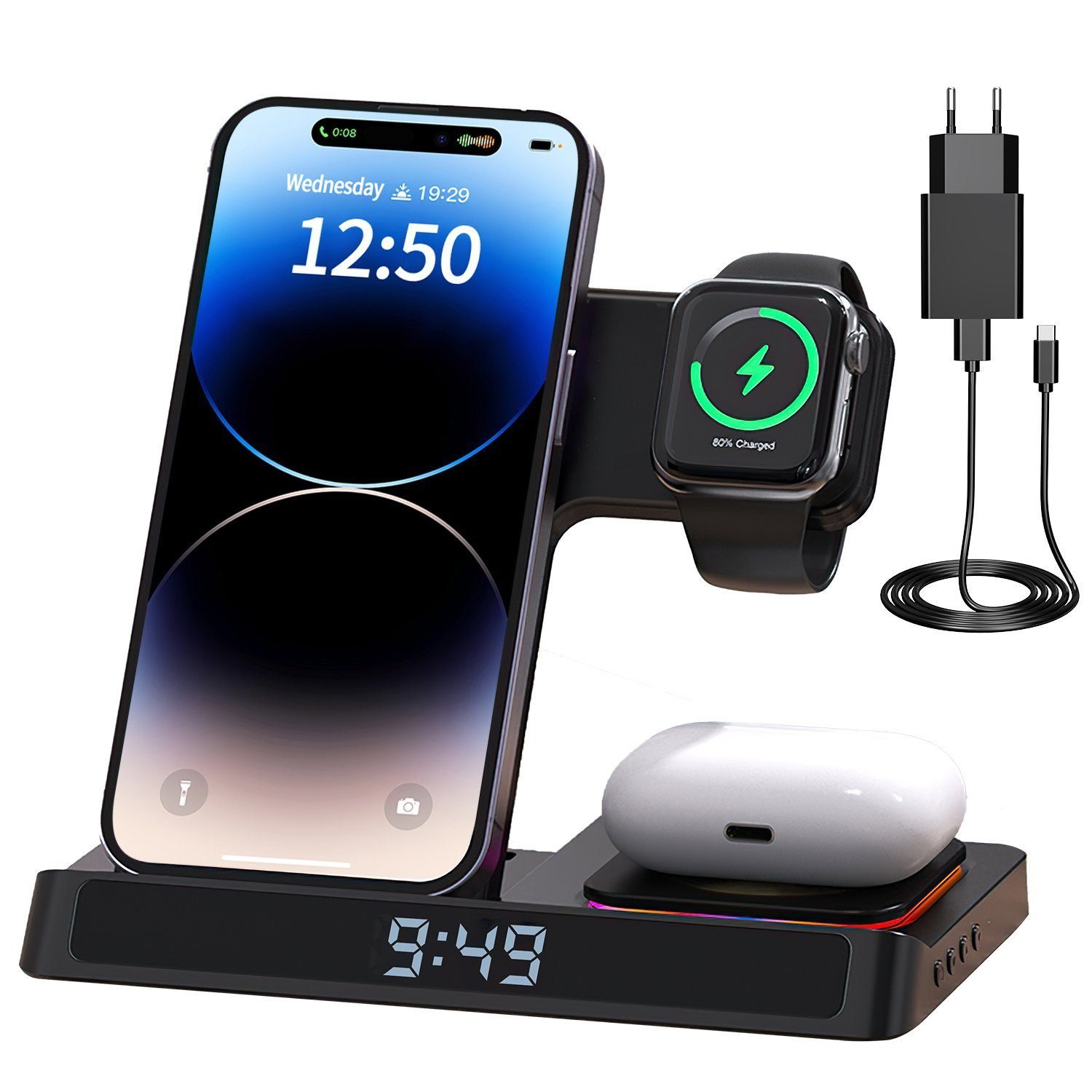 JOEAIS Handy-Dockingstation Induktive Ladestation 4 in 1 Kabellose Ladegerät Wireless Charger, (für Samsung Galaxy/Xiaomi/Note/Galaxy Buds/AirPods, mit USB Kabel für iPhone 14 13 12Pro Mini Pro Max), Handy Charging Station für Apple iWatch iPhone Air