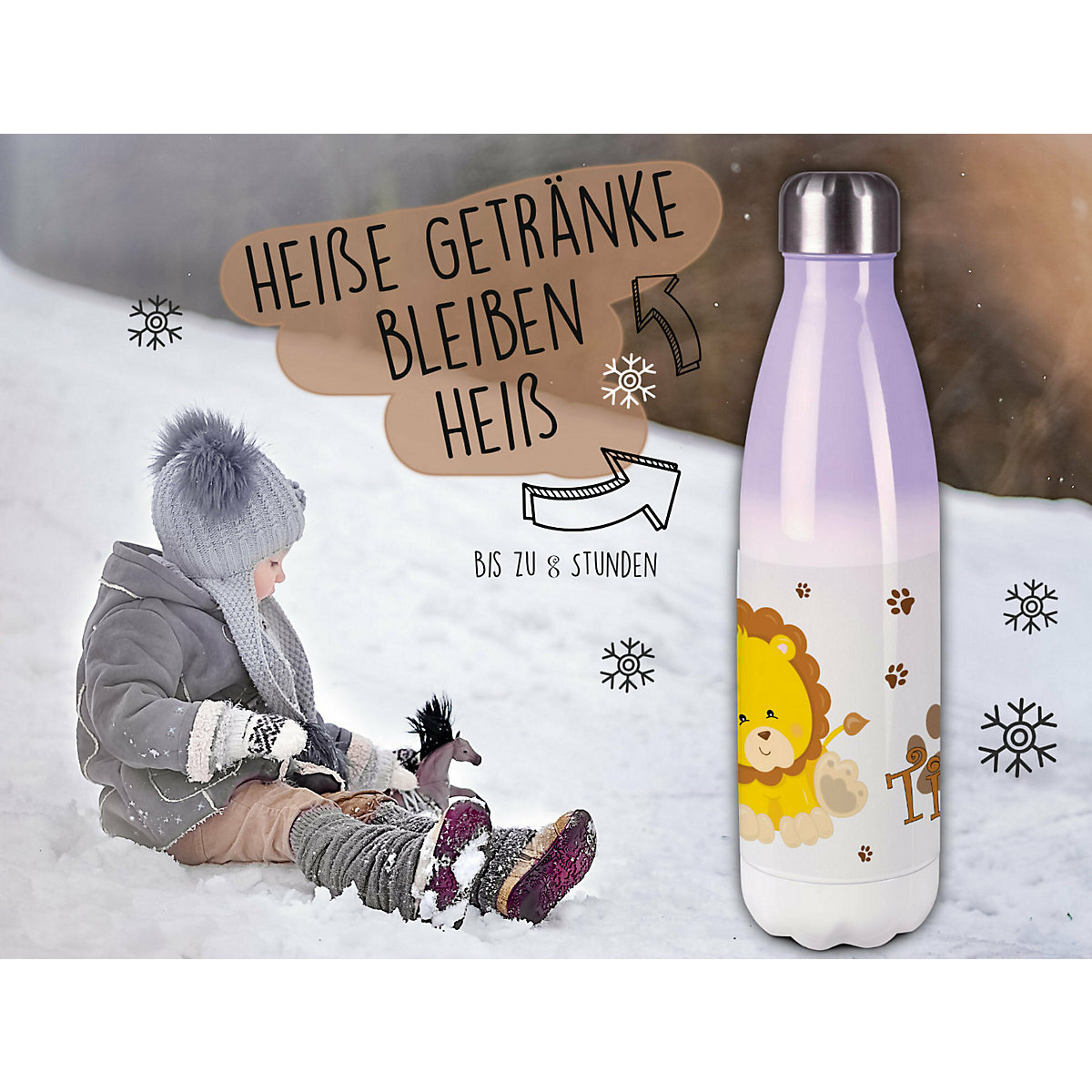 Edelstahl Kinder Thermoflasche / Trinkflasche bunt Löwe Spülmaschinenfest, Auslaufsicher, Bruchfest, Doppelwandig, Für Heißgetränke geeignet, Mit Deckel, Isoliert