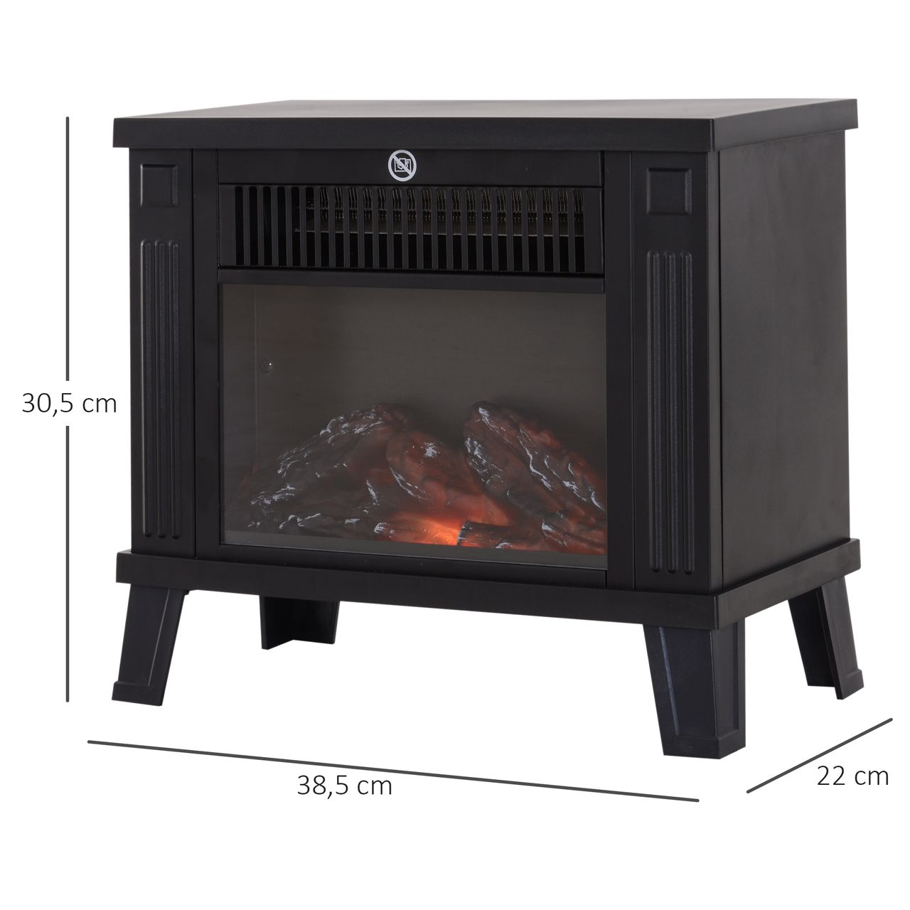HOMCOM Elektrokamin Elektrischer Kamin Kaminofen Standkamin mit Flammeneffekt 600/1200W, Metall, Schwarz, 38,5x22x30,5 cm