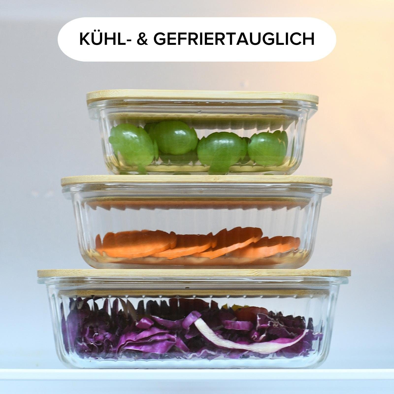 PIE LOCK Vorratsdose Vorratsdosen Glas mit Deckel - Frischhaltedosenset, Borosilikatglas, (PIE LOCK, 3 tlg. quadratisch, Vorratsdosen-Set, Borosilikatglas, Bambusdeckel, 320ml, 520ml, 800ml, stapelbar, Frischhaltedose, Brotdose, Meal Prep, 6-tlg., Pr