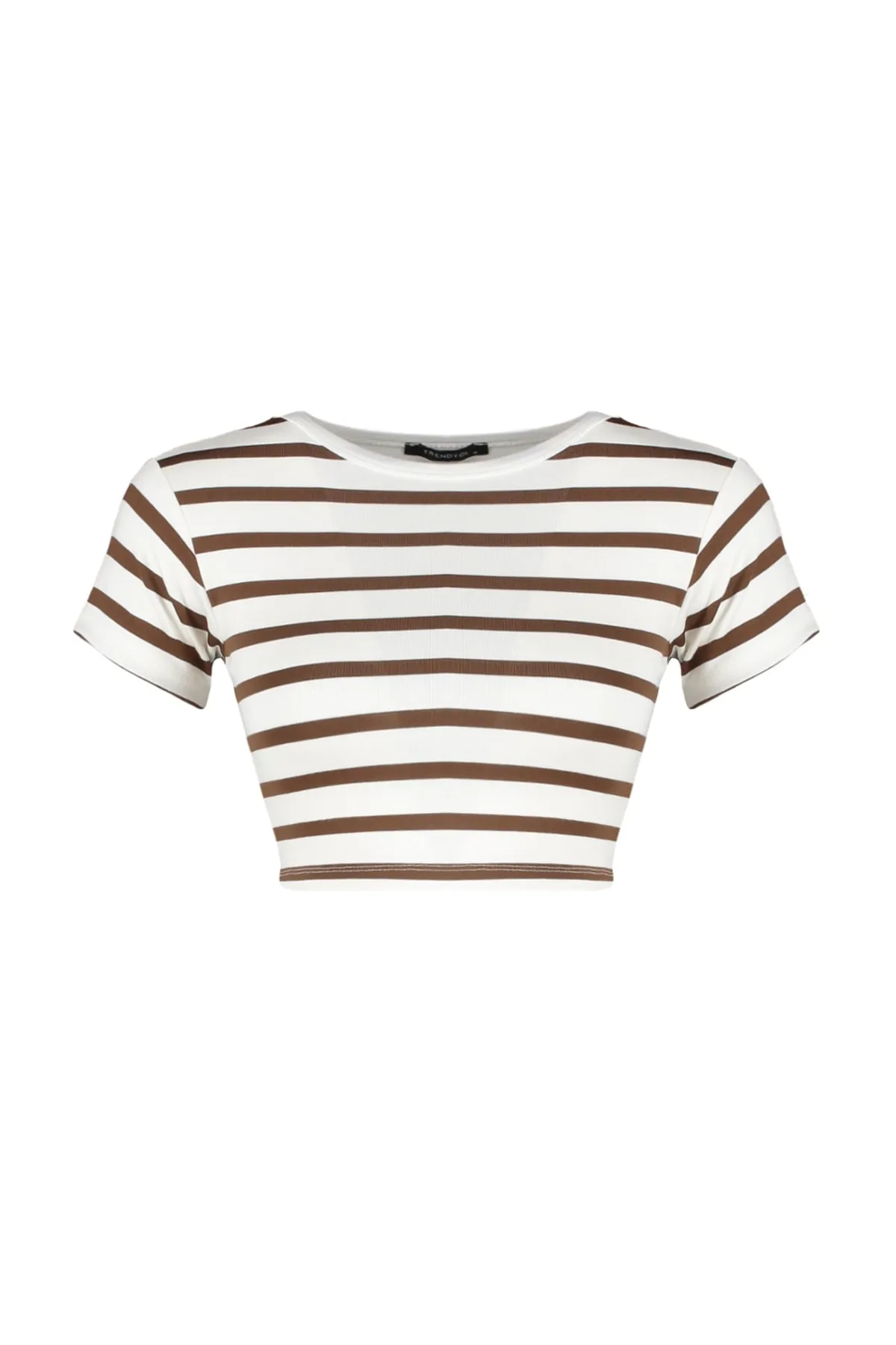 Trendyol Collection  Premium Ecru-Ecru Braun gestreifte 2er-Pack Viskose-Crop-Stretch-Strickbluse TWOSS23BZ00194