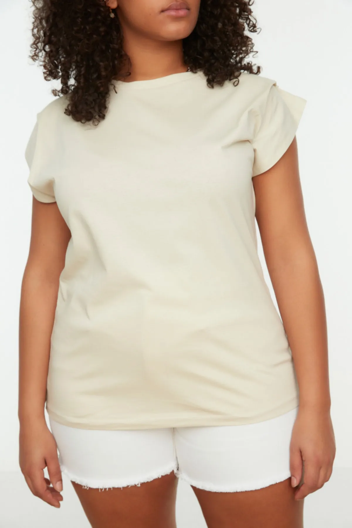 Trendyol Curve  Stone Crew Neck Sleeve Detailliertes Strick-T-Shirt TBBSS22BF0023