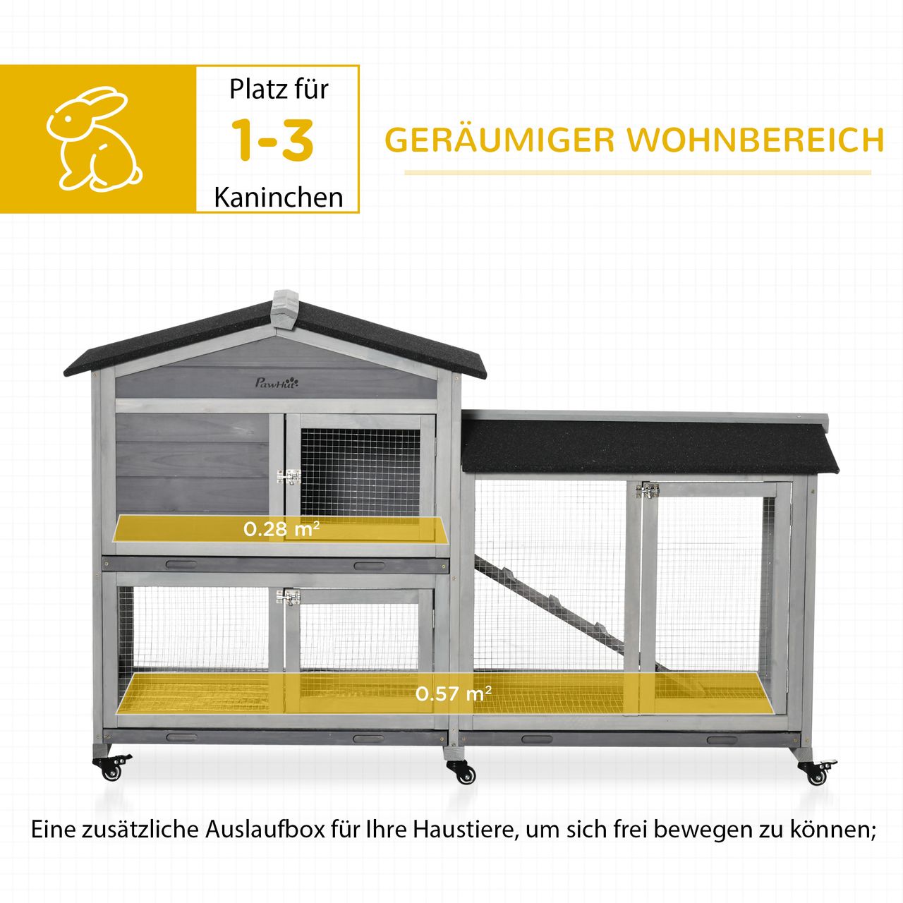 PawHut Zwergkaninchenstall mit Rollen Freilaufgehege Asphaltdach Kleintierhaus Zwergkaninchenauslauf für 3 Zwergkaninchen Doppelstöckiger Tanne Stahl Grau 157,4 x 53 x 99,5 cm