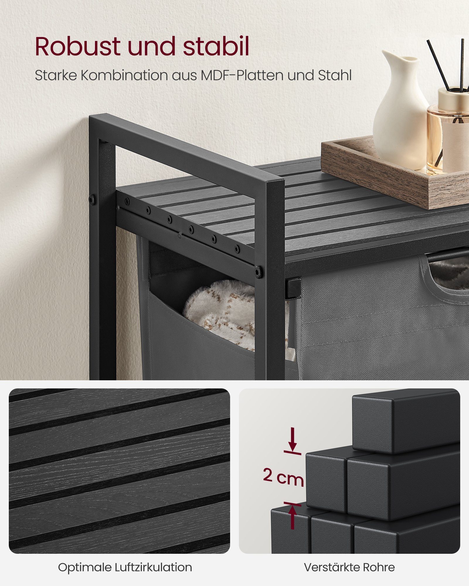 VASAGLE Wäschekorb, mit Ablage, Wäschesack abnehmbar, Metallrahmen, 65 L