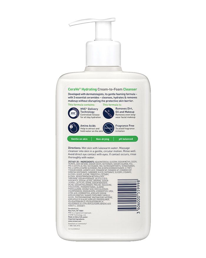 Nettoyant hydratant crème-mousse. Nettoyant visage moussant et crémeux pour peaux normales à sèches.