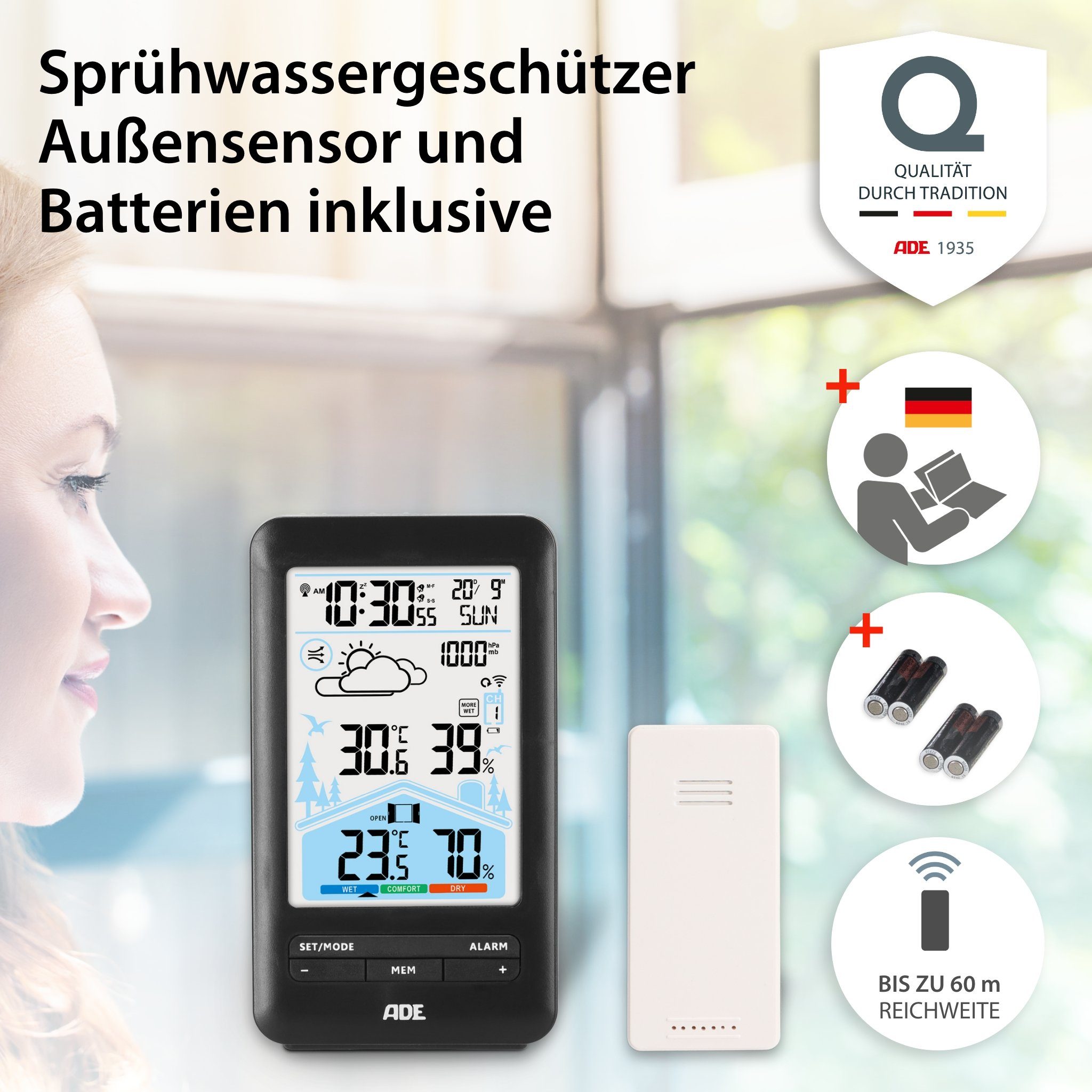 ADE Wetterstation mit Vorhersage und Lüftungsempfehlung Funkwetterstation (mit Außensensor, animierte Wettervorhersage, Wecker mit 2 Weckzeiten, Kalender)