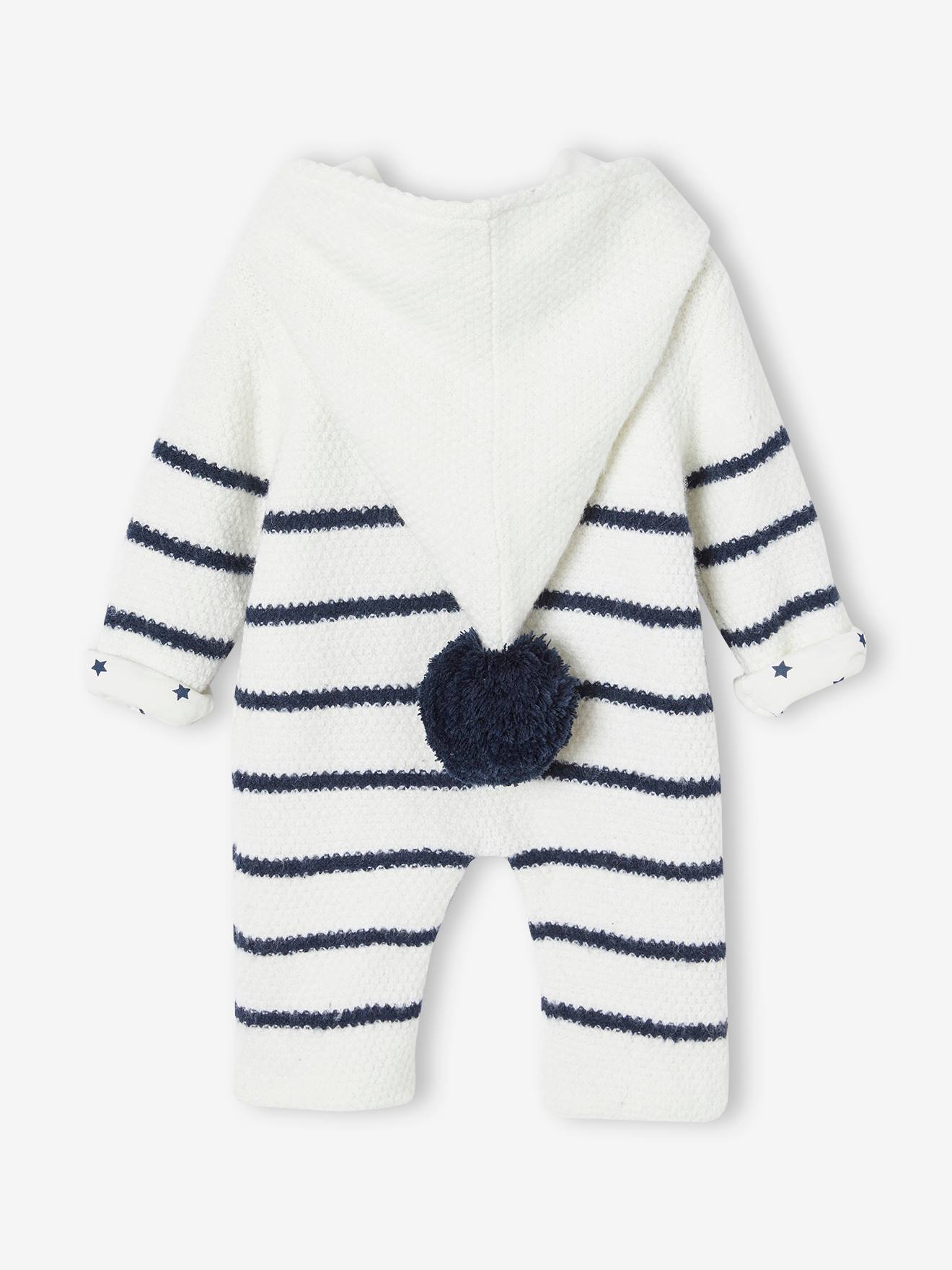 Vertbaudet Gefütterter Strickoverall für Neugeborene - wollweiß streifen+sterne