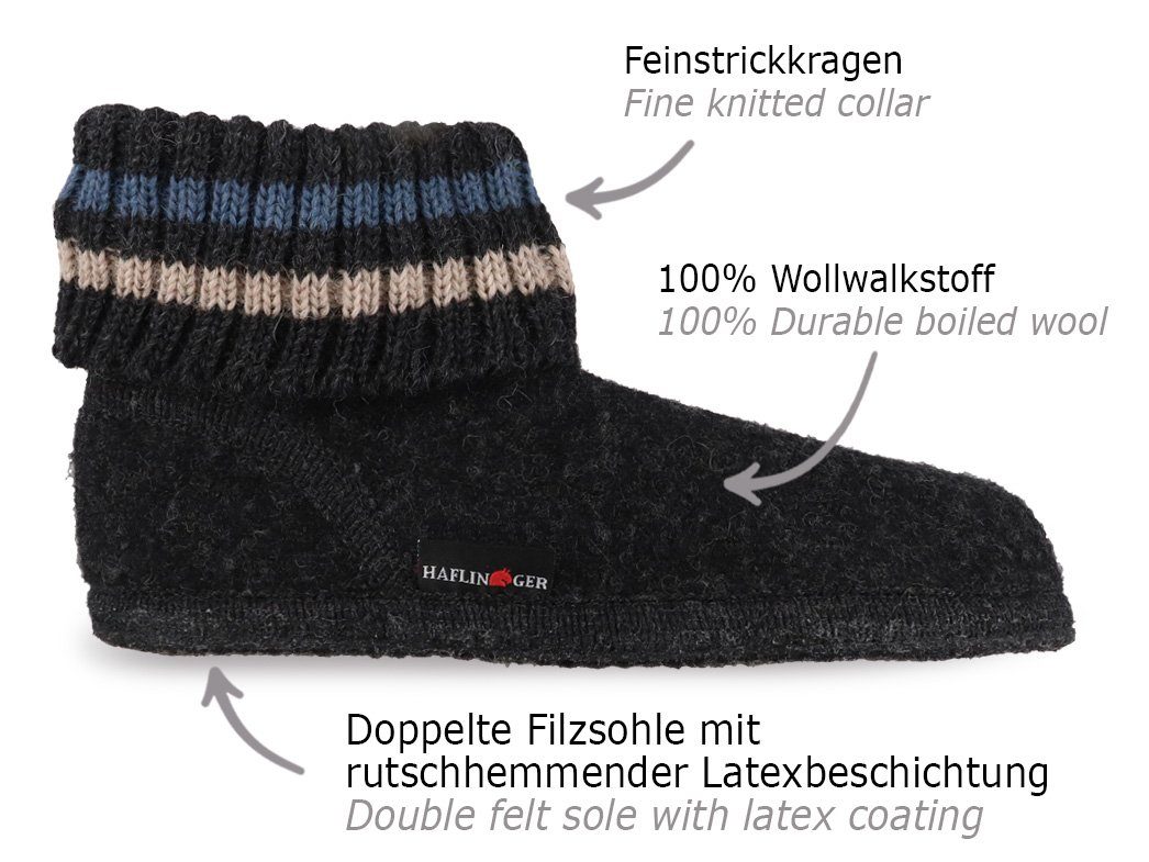 Haflinger Hüttenschuh aus reiner Schurwolle Hausschuh mit Feinstrickkragen