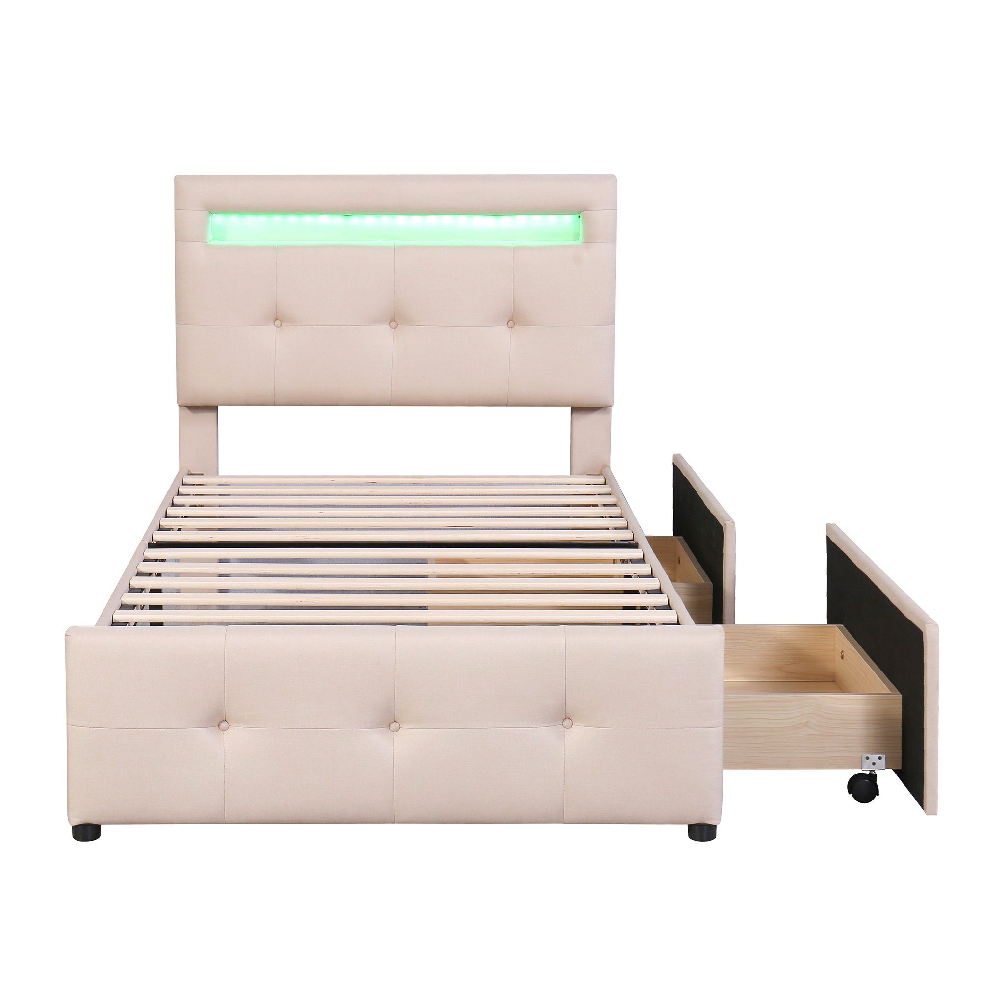 Flieks Polsterbett, LED Beleuchtung Einzelbett 2 Schubladen Leinen 90*200cm