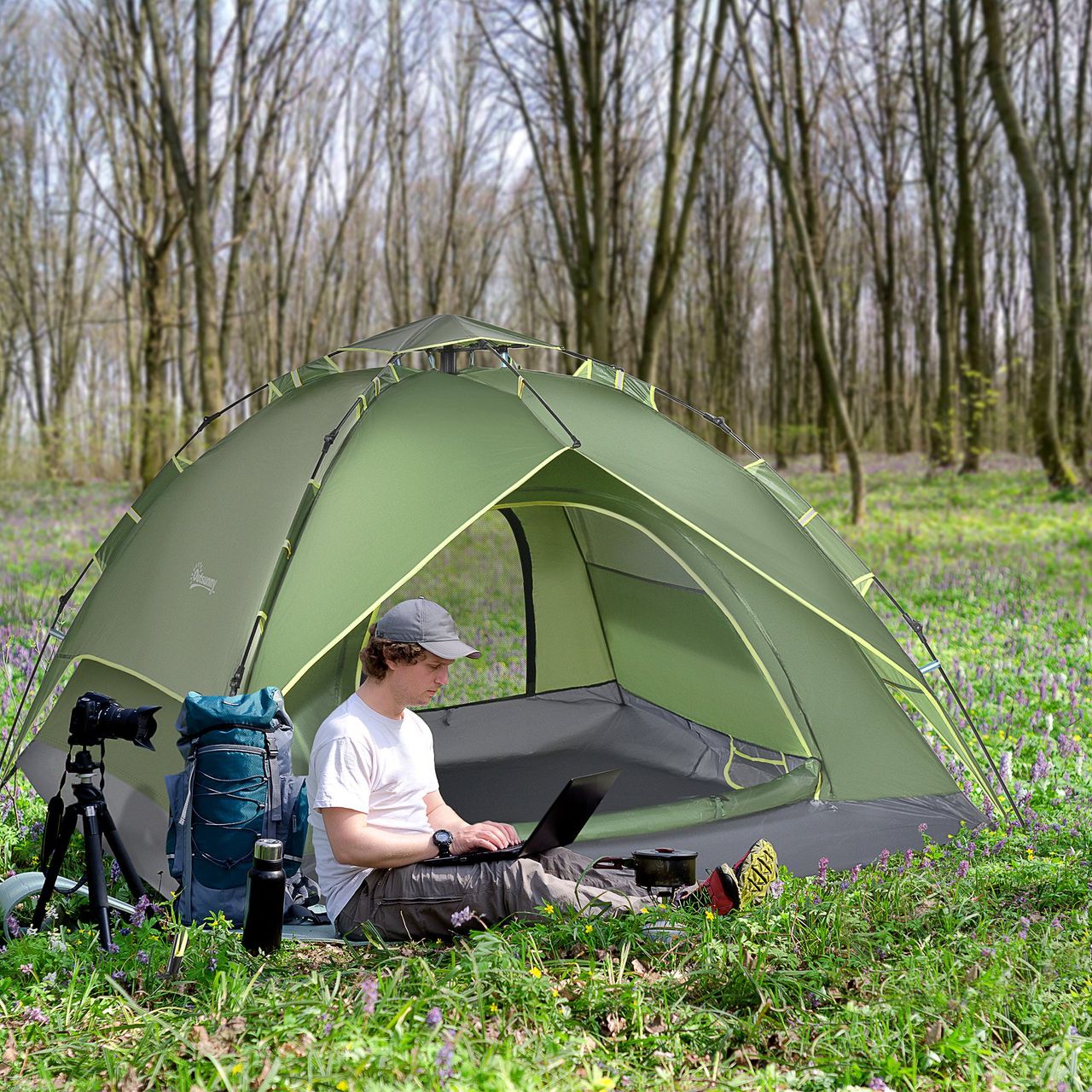 Outsunny Doppelzelt Campingzelt Outdoorzelt Familienzelt Quick-Up-Zelt 2 Erwachsene   1 Kind 4 Jahreszeiten wasserdicht Tragetasche 2 Türen Polyester   Glasfaser Dunkelgrün 210 x 210 x 140 cm