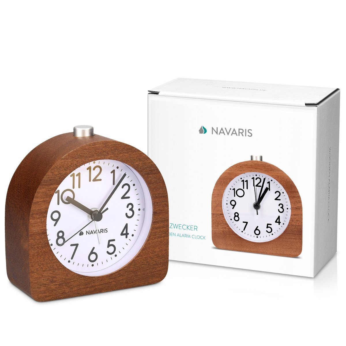 Navaris Reisewecker Retro Wecker aus Holz - Mit Snooze und Alarmlicht, leise