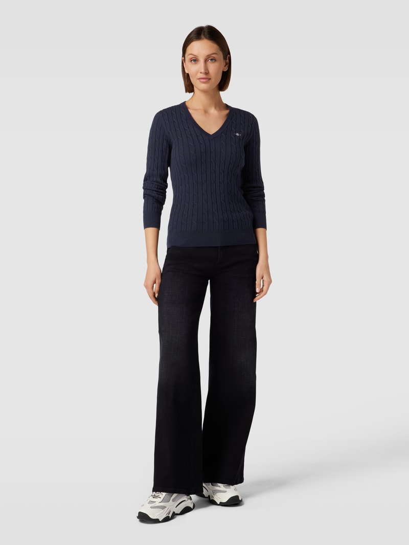 Strickpullover mit Zopfmuster in marineblau