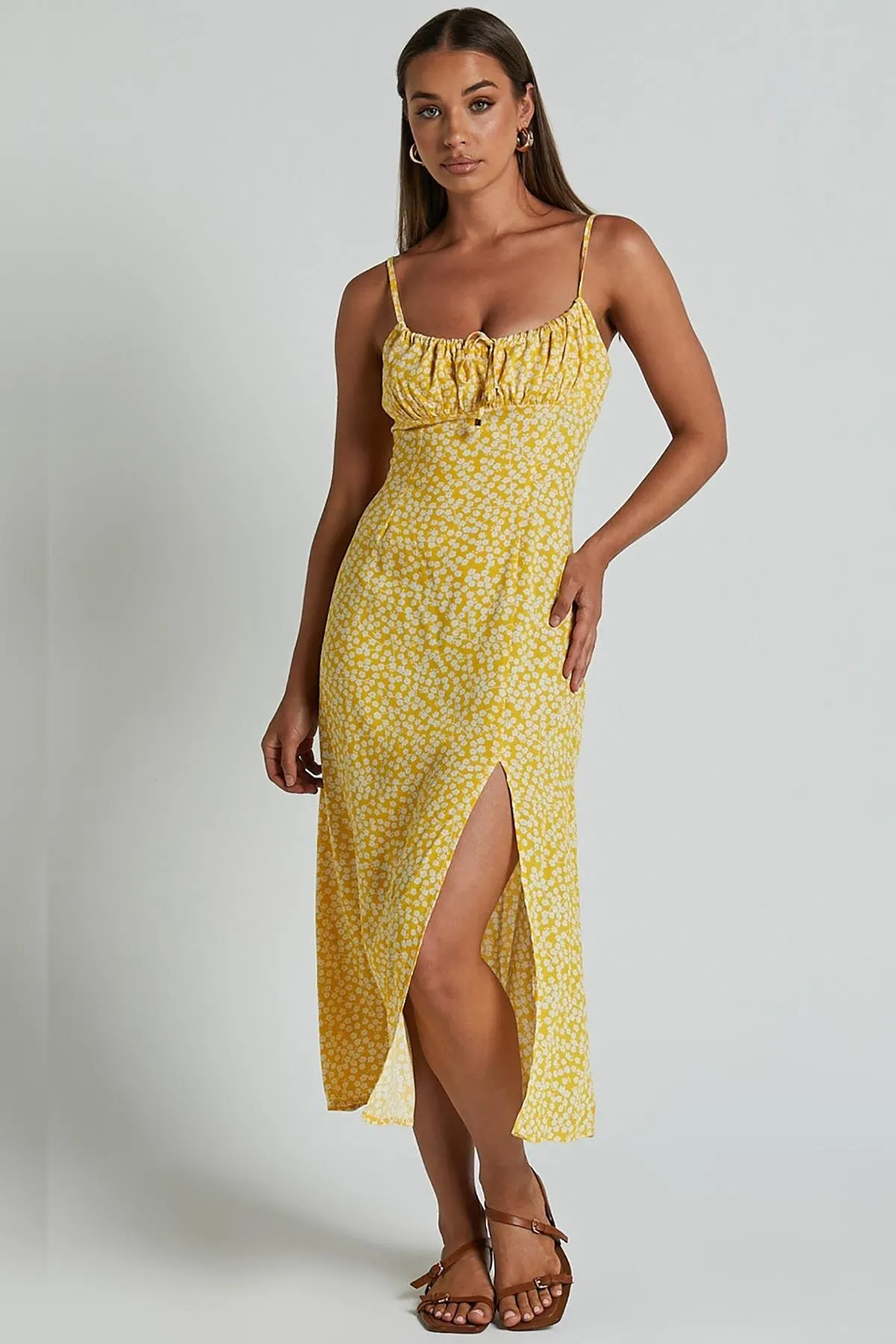 Madmext  Gelbes gemustertes langes Trägerkleid MG2025