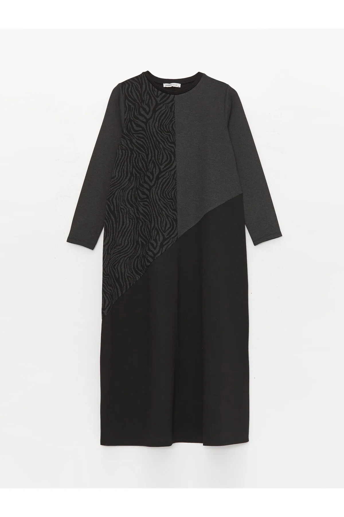 LC Waikiki  Langärmliges Damenkleid mit Rundhalsausschnitt und Farbblockdesign