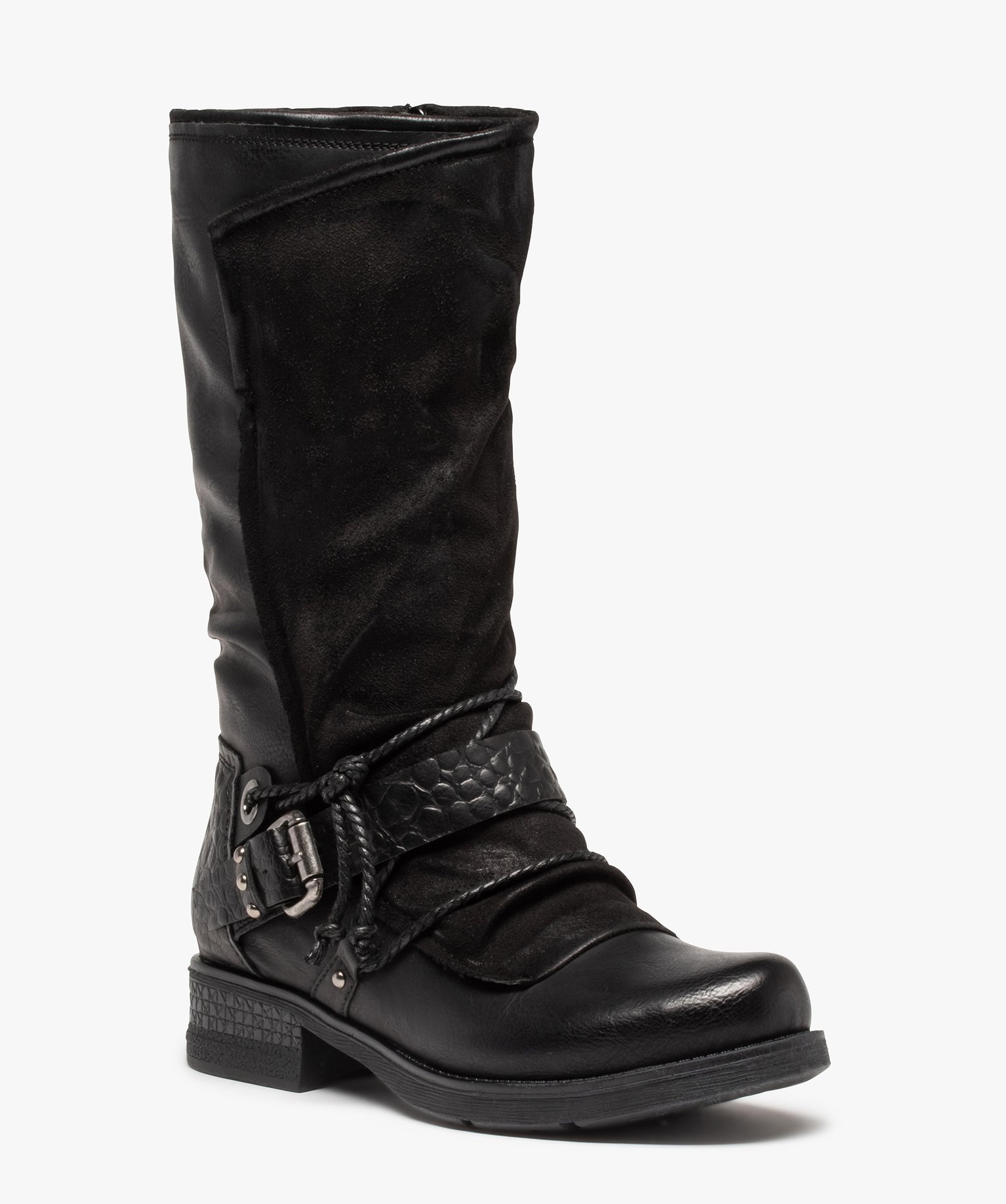 Bottes femme unies style motard à brides fantaisie noir | GEMO