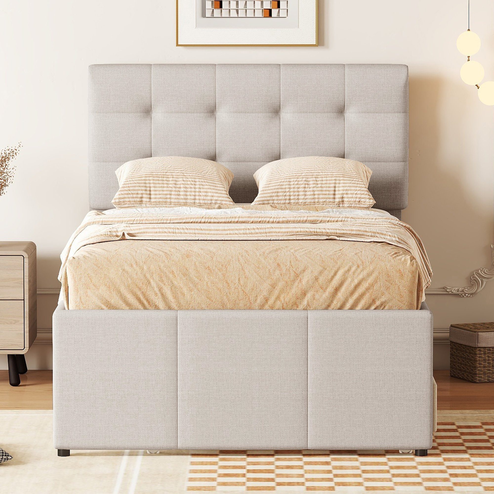 Flieks Polsterbett, Einzelbett 90x200cm mit 3 Schubladen und Unterbett 90x190cm