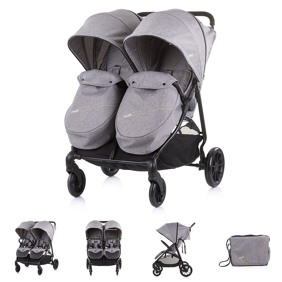 Zwillingskinderwagen Top Stars, 77 cm breit, Wickeltasche, Fußsack Geschwisterwagen