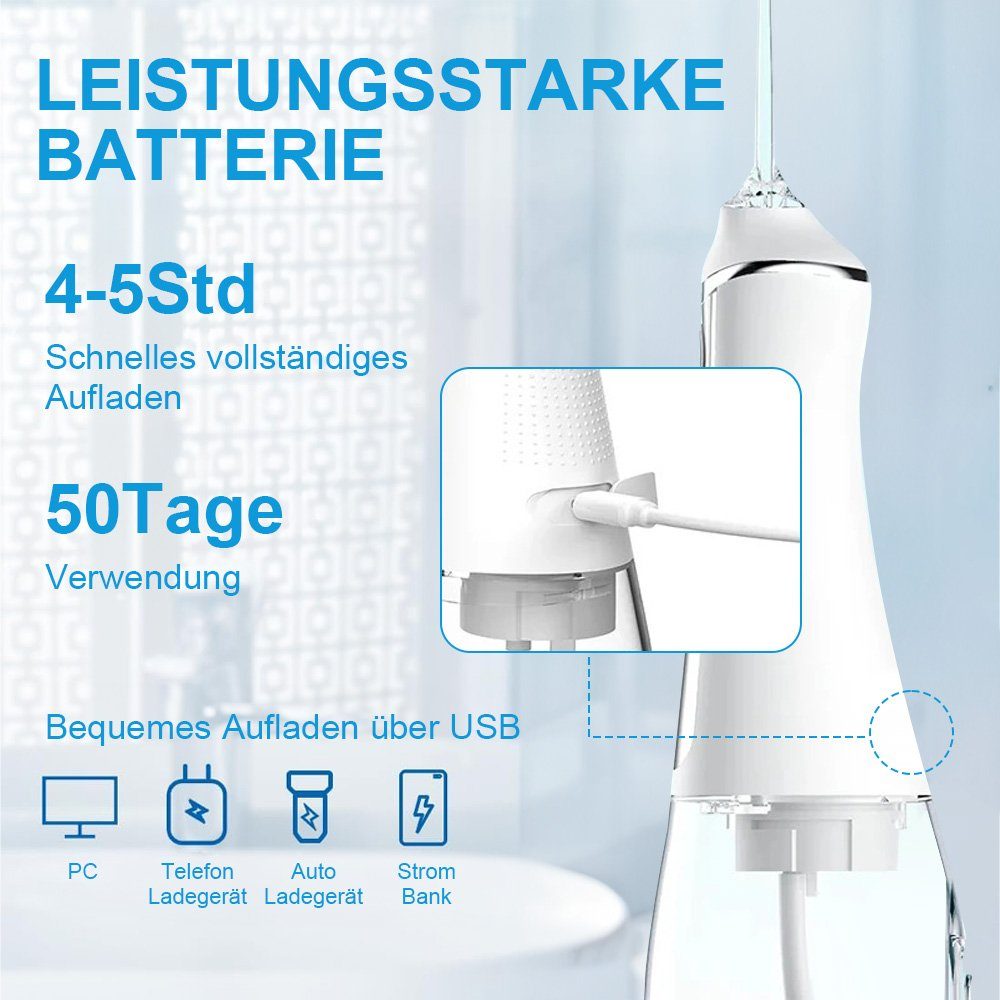 Powerwill Munddusche Kabellose Munddusche, 5 Ersatzdüsen, Zahnzwischenraumreiniger, Sanfte Zahnreinigung & Gesündes Zahnfleisch, 4 Modi für Zahnpflege