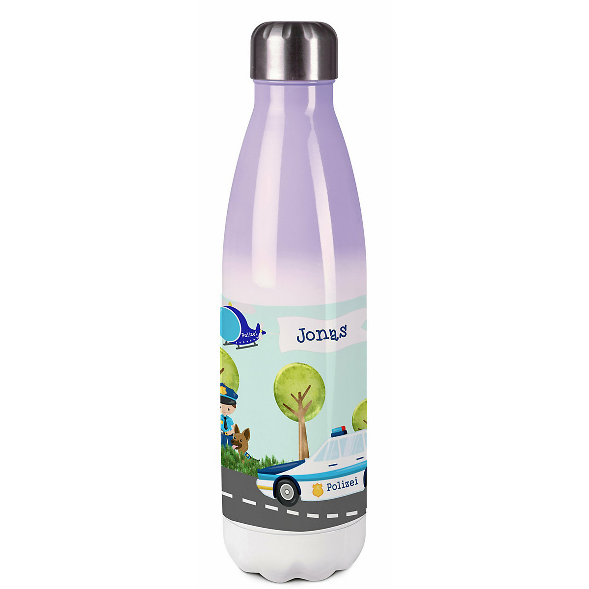 Edelstahl Kinder Thermoflasche / Trinkflasche bunt Polizei Spülmaschinenfest, Auslaufsicher, Bruchfest, Doppelwandig, Für Heißgetränke geeignet, Mit Deckel, Isoliert