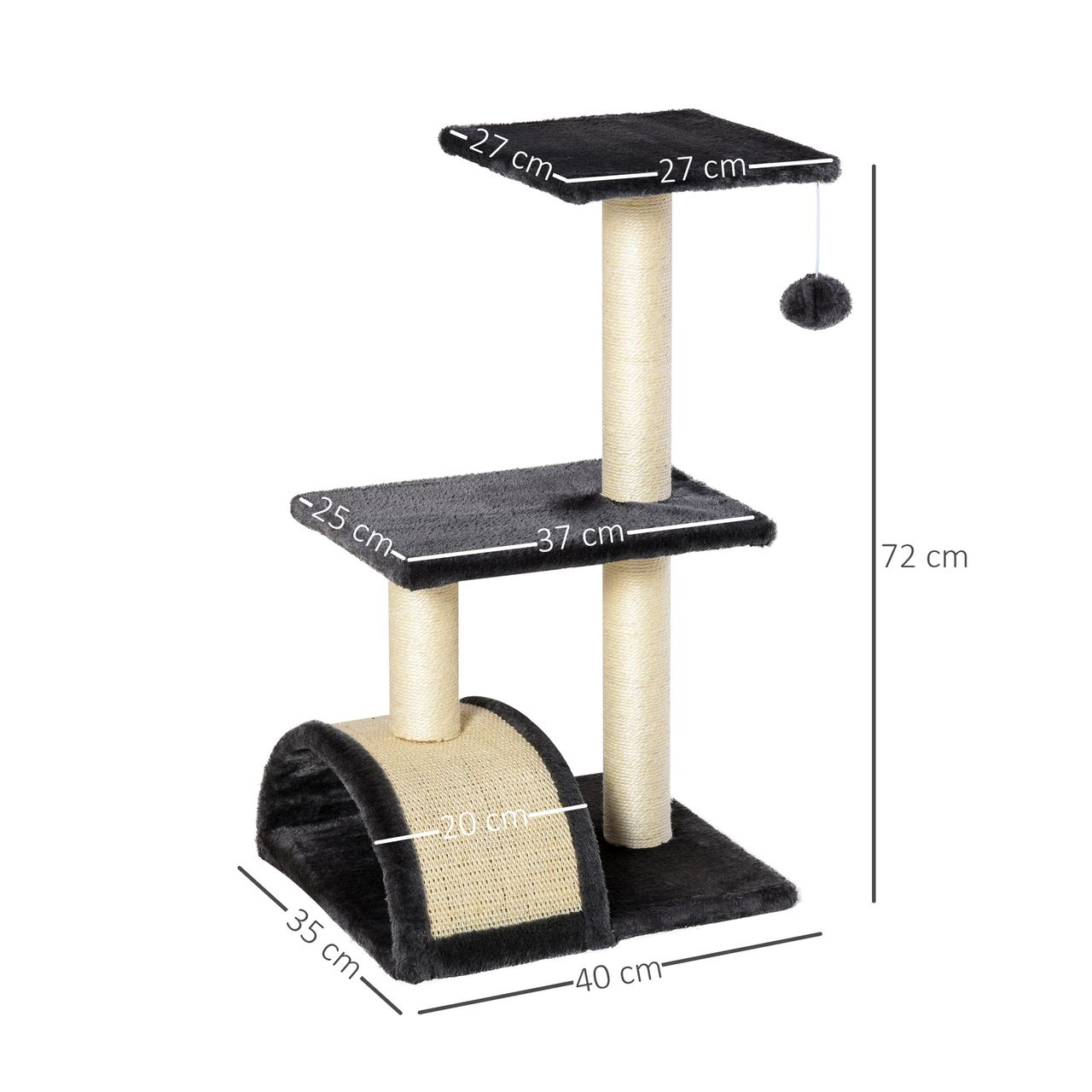 PawHut Kratzbaum mit Kratzbrett Katzenbaum Kletterbaum für Katzen E1 MDF Sisal Plüsch Dunkelgrau 40 x 35 x 72 cm