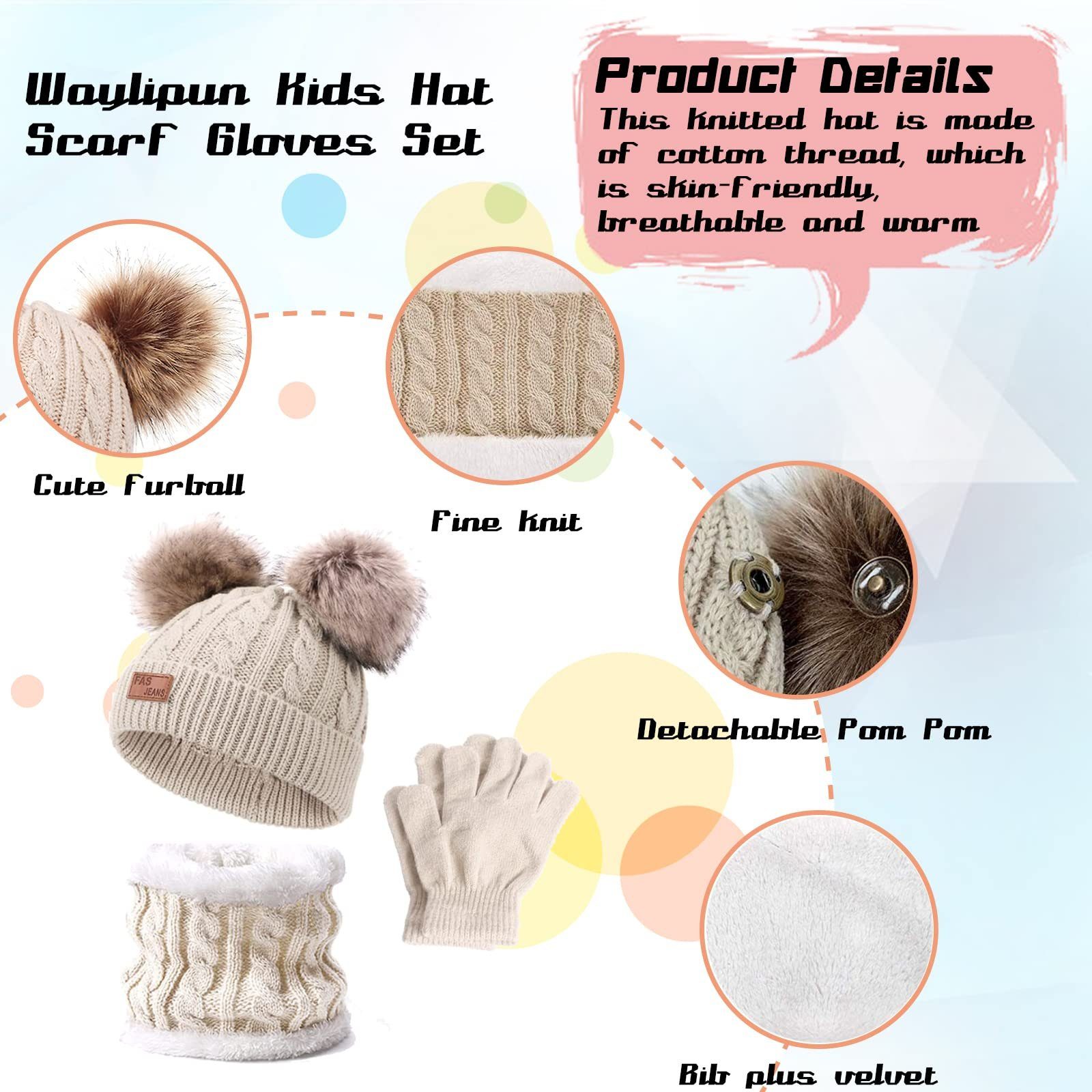 POCHUMIDUU Strickmütze Kinder-Wintermütze-Schal-Handschuh-Set (1-St., mit Fleece Futter und Fell Bobbl) für Kinder-Jungen-Mädchen 1-5 Jahre