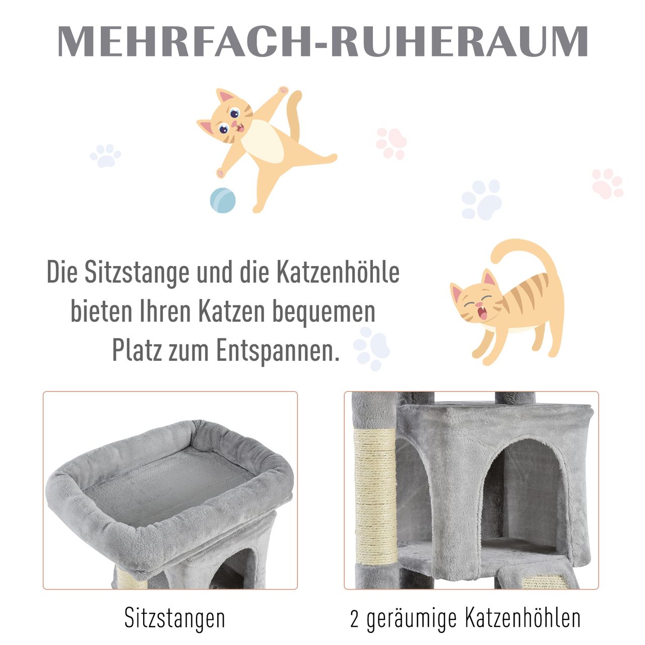 PawHut Katzenbaum mit Sisalsäulen, Katzenkratzbaum, Katzen Kletterbaum, Katzenbaum, Hellgrau, 59 x 39 x 83 cm