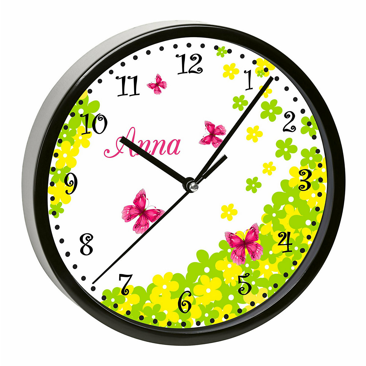 Kinder Wanduhr laufruhig personalisiert mit Name Schmetterling Blume
