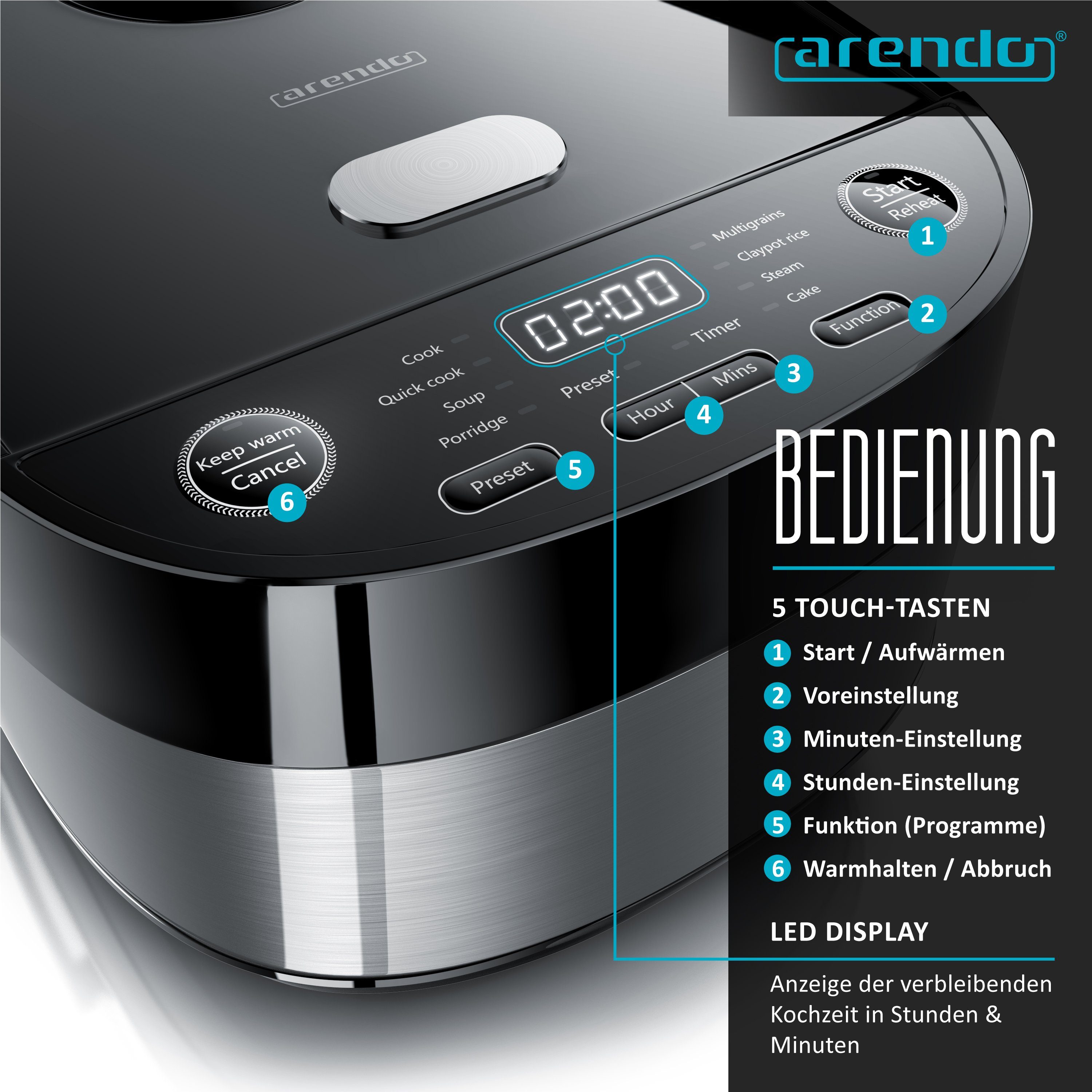 Arendo Reiskocher, 800 W, Multikocher, Dampfgarer, 3D Heizsystem, 8 Programme, Warmhaltefunktion
