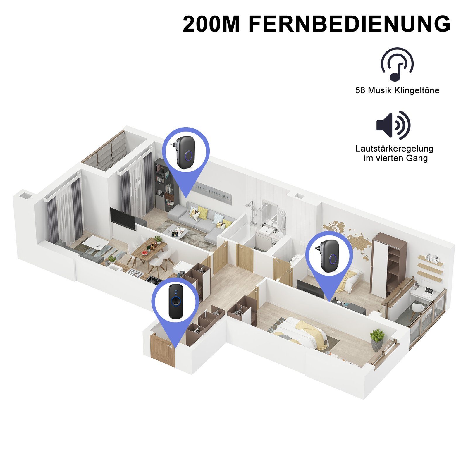 CALIYO Türklingel-Set Funktürklingel, Wasserdichte Türklingel mit Einer Funkreichweite 200 m, (2-tlg), 52 Melodien, 5 Lautstärkestufen und LED-Blitz