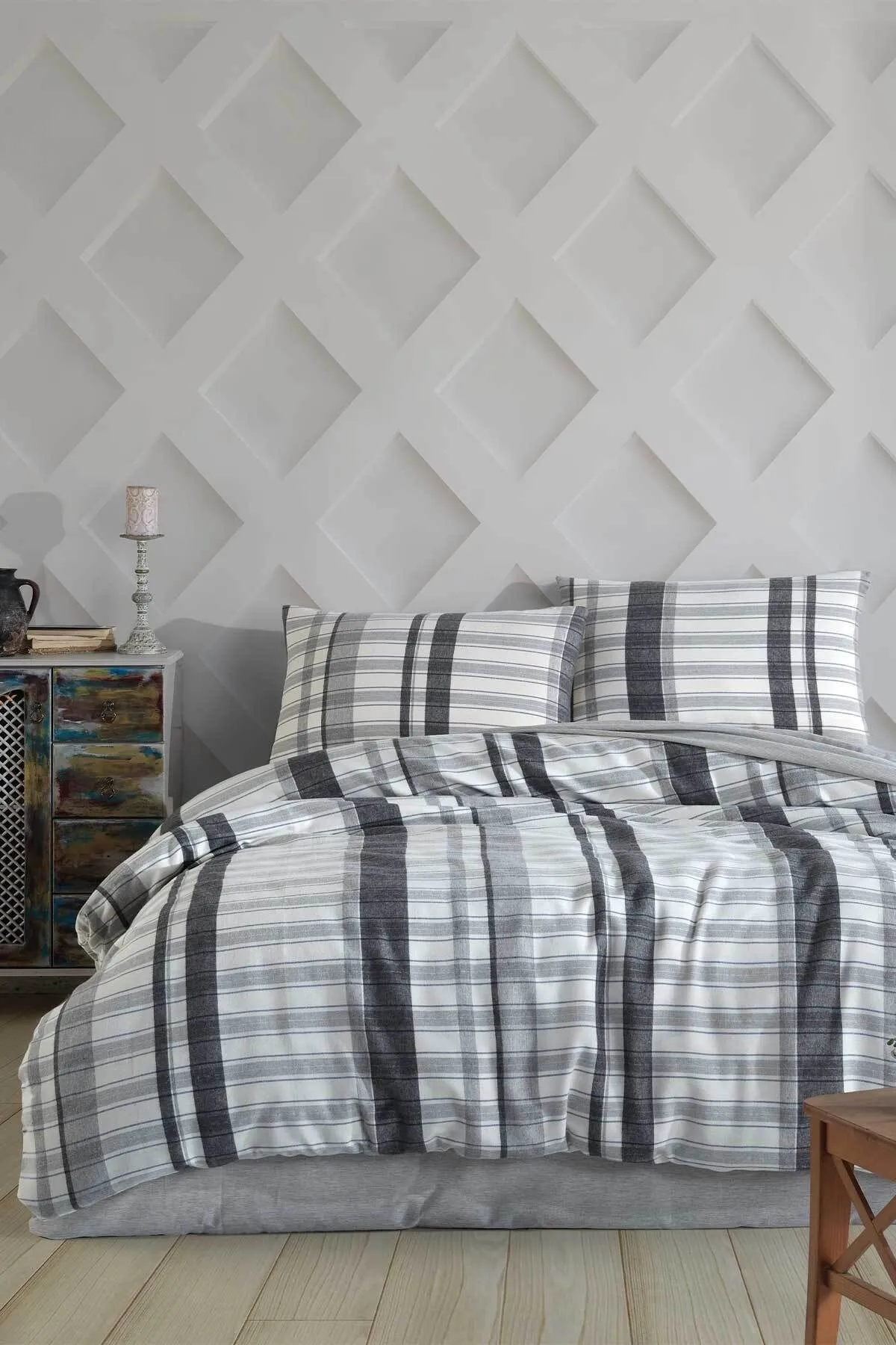 Elart  Bettbezug-Set für Doppelbett, Winter, Baumwolle, 4-teilig, Flanell, kariert, Grau