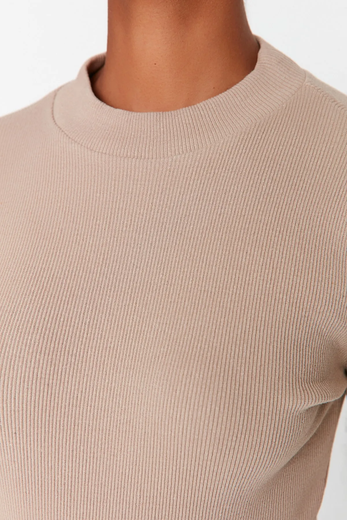 Trendyol Collection  Schmaler, zum Aufstecken geeigneter Body aus geripptem Stretch-Strick mit Stehkragen in Stein TWOAW20BD0011