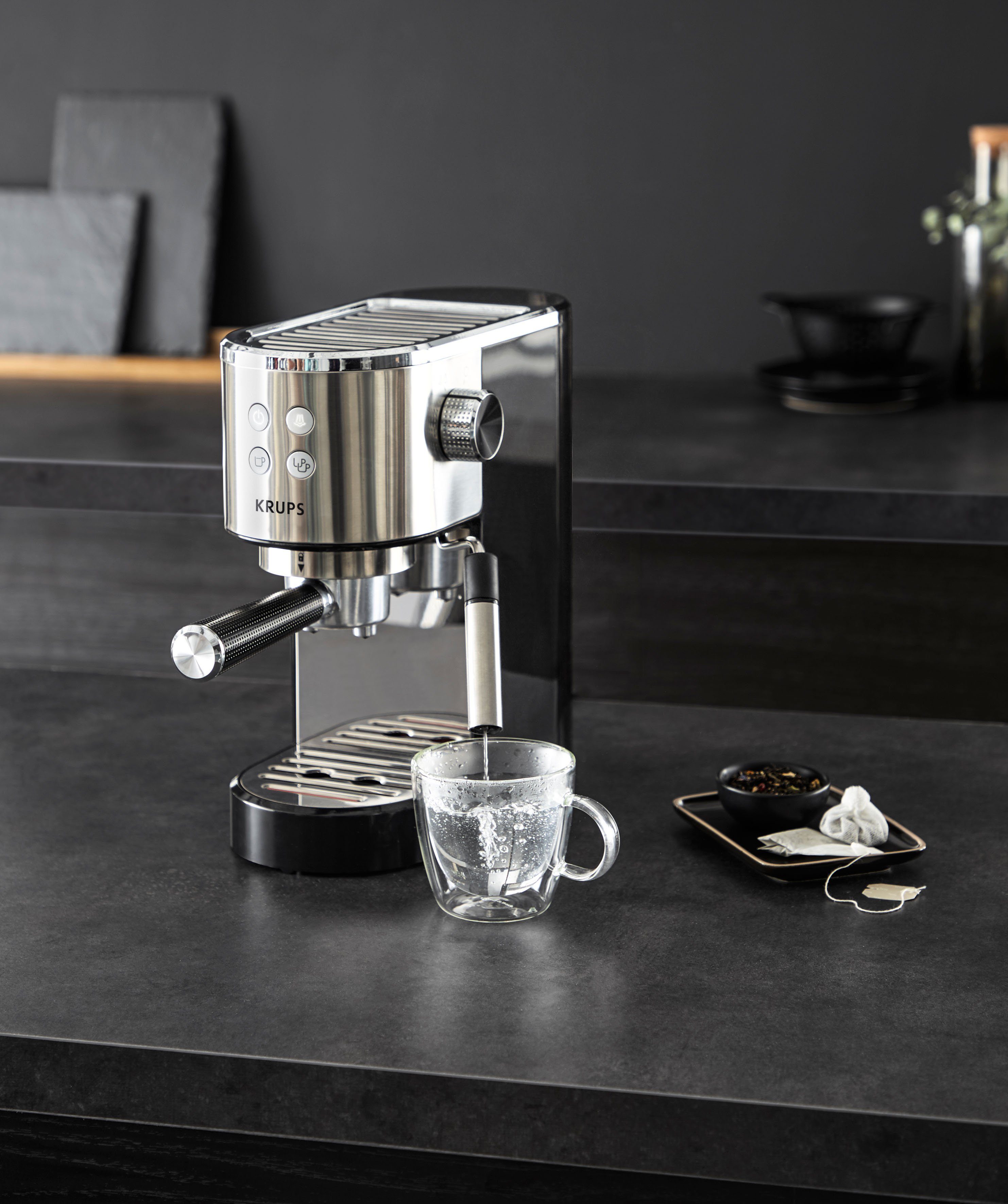 Krups Siebträgermaschine XP442C Virtuoso, integrierter Tassenwärmer, automatische Abschaltung, 2-Tassen Funktion