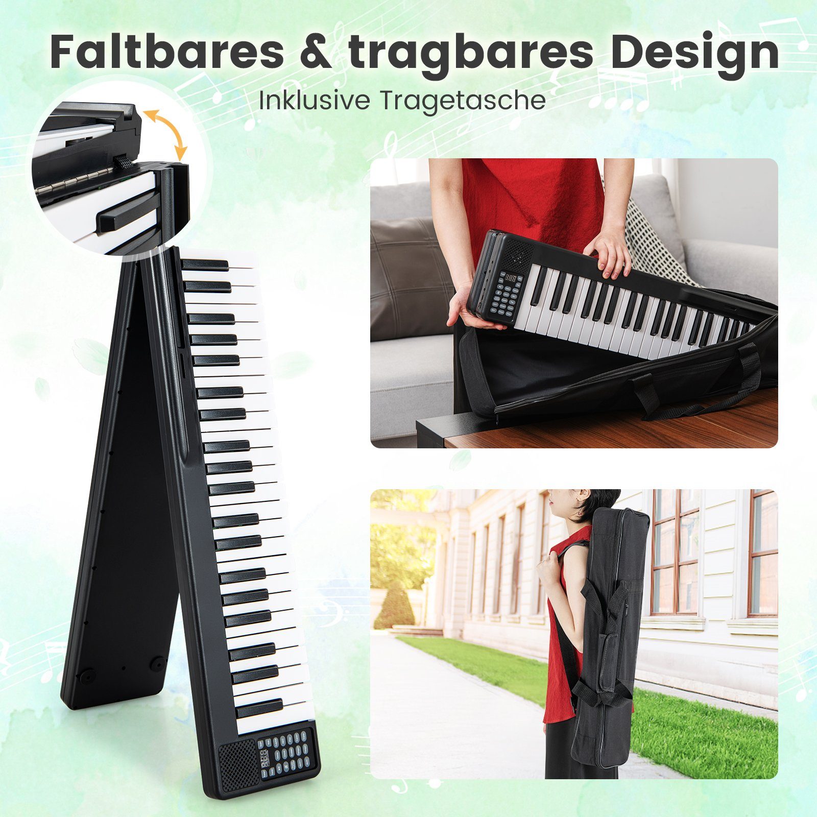 COSTWAY Home Keyboard, faltbar, 88 Tastatur, Bluetooth, mit Tragetasche