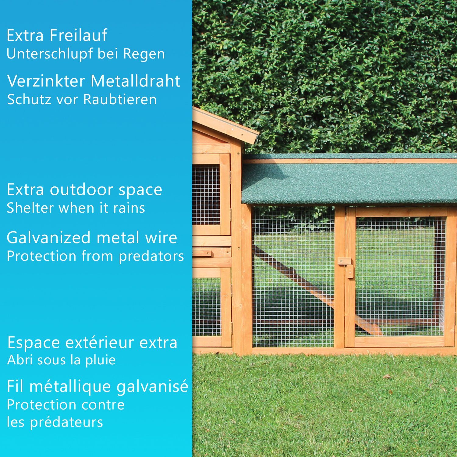 NYVI Kleintierstall Hasenstall für Draußen XXL Kleintierstall mit Freilauf Auslauf Gehege, 146x52x86cm Natur - Outdoor Hasenkäfig Winterfest - Kleintierkäfig