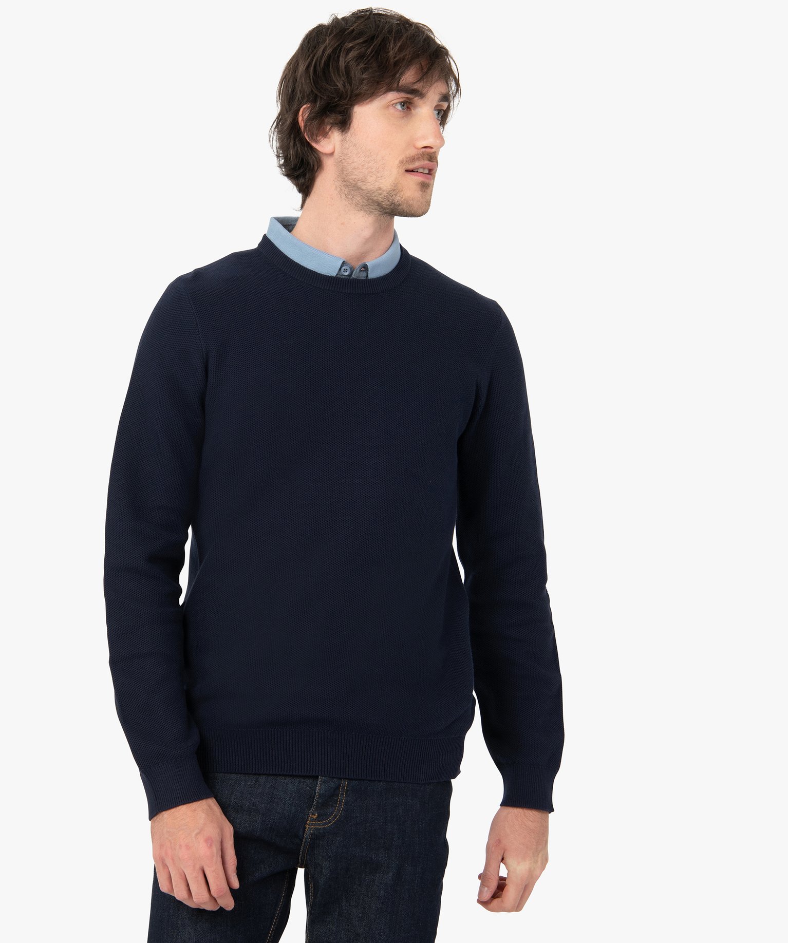 Pull homme en maille fantaisie unie bleu fonce | GEMO