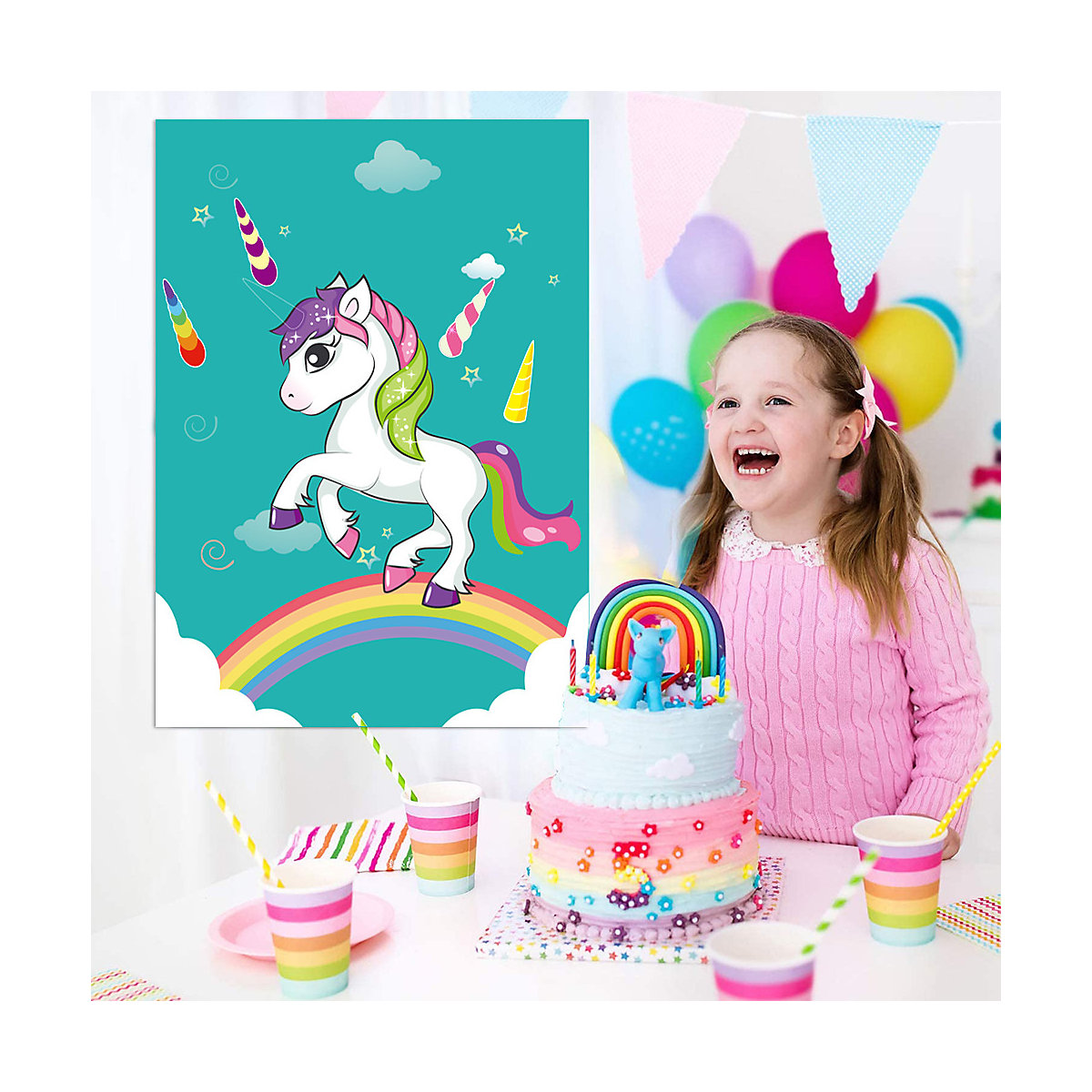frler Partyspiel Einhorn Poster mit 34 Horn-Aufkleber Mitgebsel für Kinder