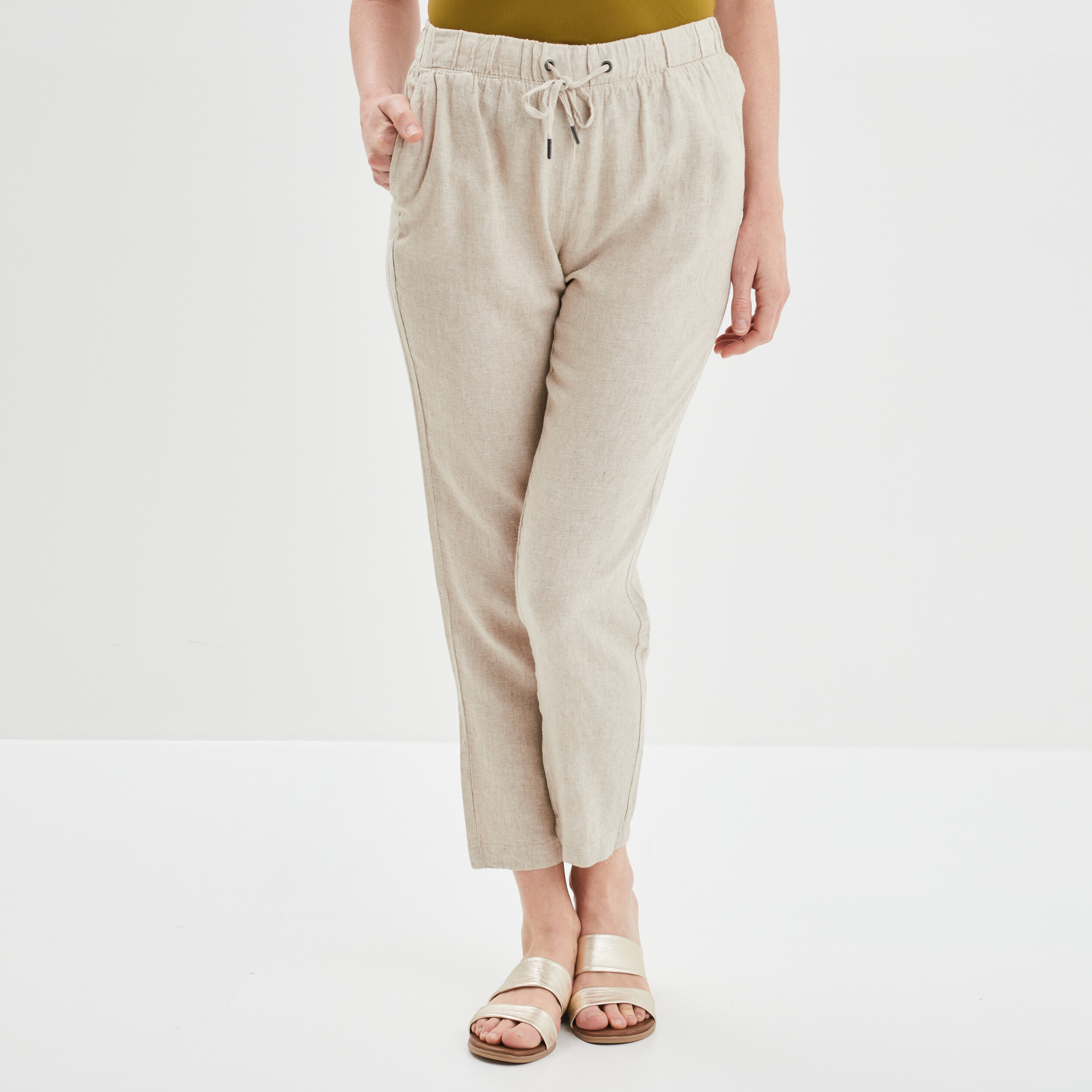 Pantalon droit fluide en mélange de lin beige femme | La Halle