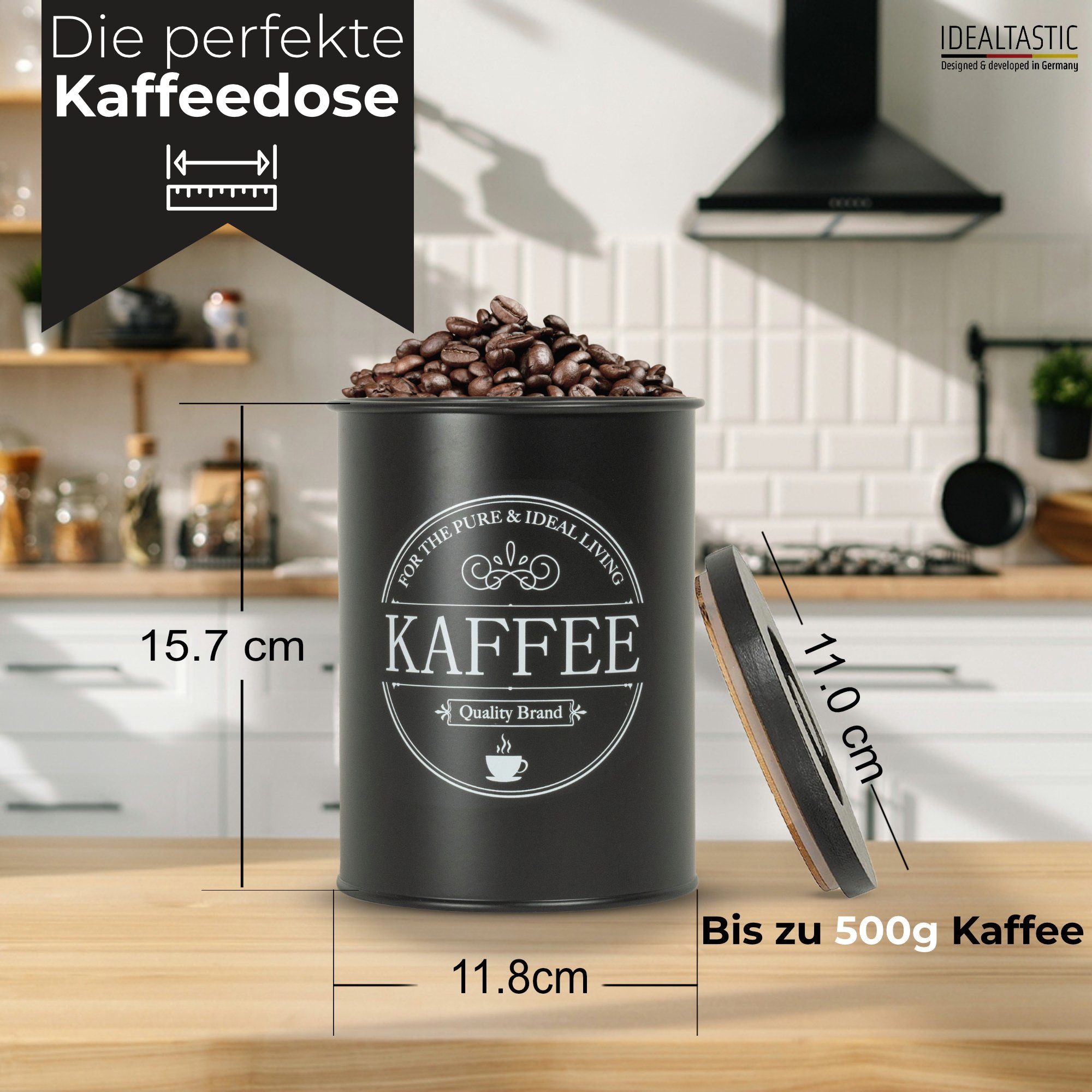 IDEALTASTIC Kaffeedose luftdicht 500g für anhaltendes Kaffeearoma, Stahl, (mit zeitsparendem Bambus-Deckel, Lebensmittelgeprüfte Kaffeedosen), Robuste Kaffeedose für gemahlenen Kaffee & Bohnen