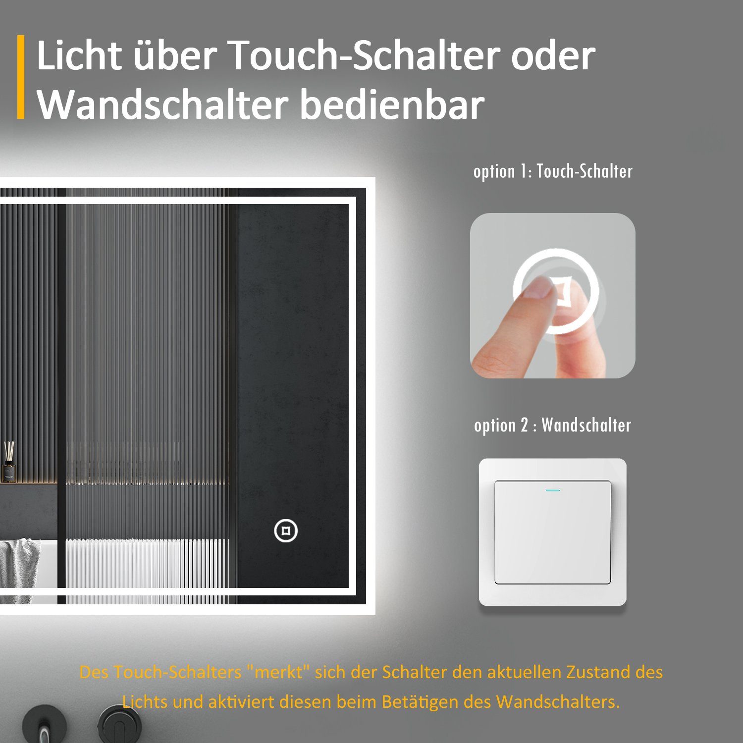 WDWRITTI Spiegel Bad mit uhr Touch Badspiegel mit beleuchtung 50x70 (Wandspiegel Helligkeit 3Lichtfarben, 3000-6500K), Speicherfunktion, IP44
