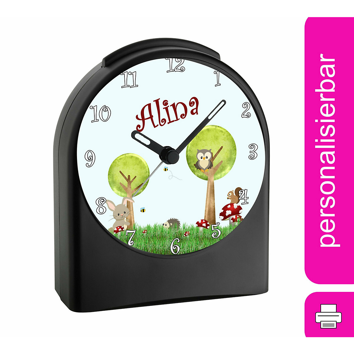 Kinder Funkwecker personalisiert mit Namen Waldwiese Atom-/Funkuhr, 12-Stunden-Anzeigeformat, Schlummerfunktion, Nachtlicht, Geräuschlos/Ohne Ticken