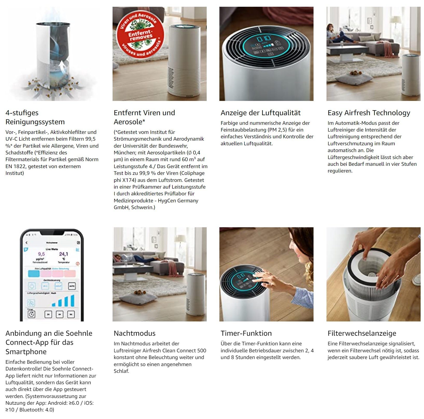 Soehnle Luftreiniger Luftreiniger Airfresh Connect 500 Bluetooth Allergiker CADR 300m³/h, für 78 m² Räume, Air Purifier Raucherzimmer Luftfilter Zuhause Timer per App Philips